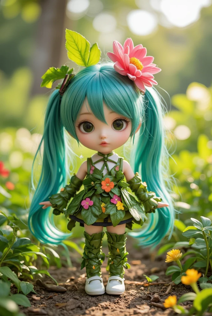 Chibi girl doll wearing a clover flower crown、Adorable shoes、Photorealistic、Sitting in the clover field