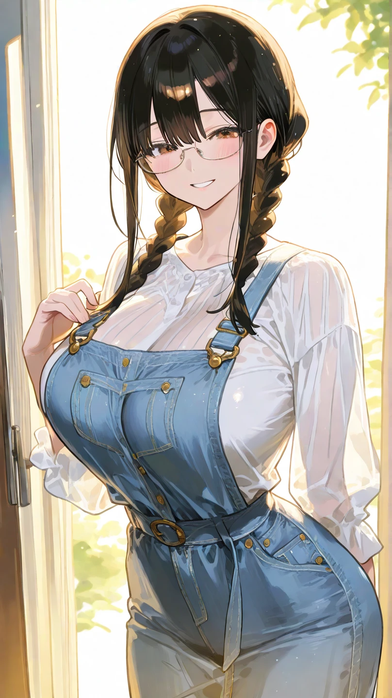 ((best quality)), ((highly detailed)), absurdres, (detailed eyes, deep eyes), (1girl), (glasses), upper body, <lora:naked_overalls_v1:.9>, (naked overalls), denim, sleeveless, collarbone, cleavage, pants, innocent, wide eyes, big eyes, cute, breasts, Chamoisee brown sundress, maxi skirt, (indoors, in a bedroom, sleepy)