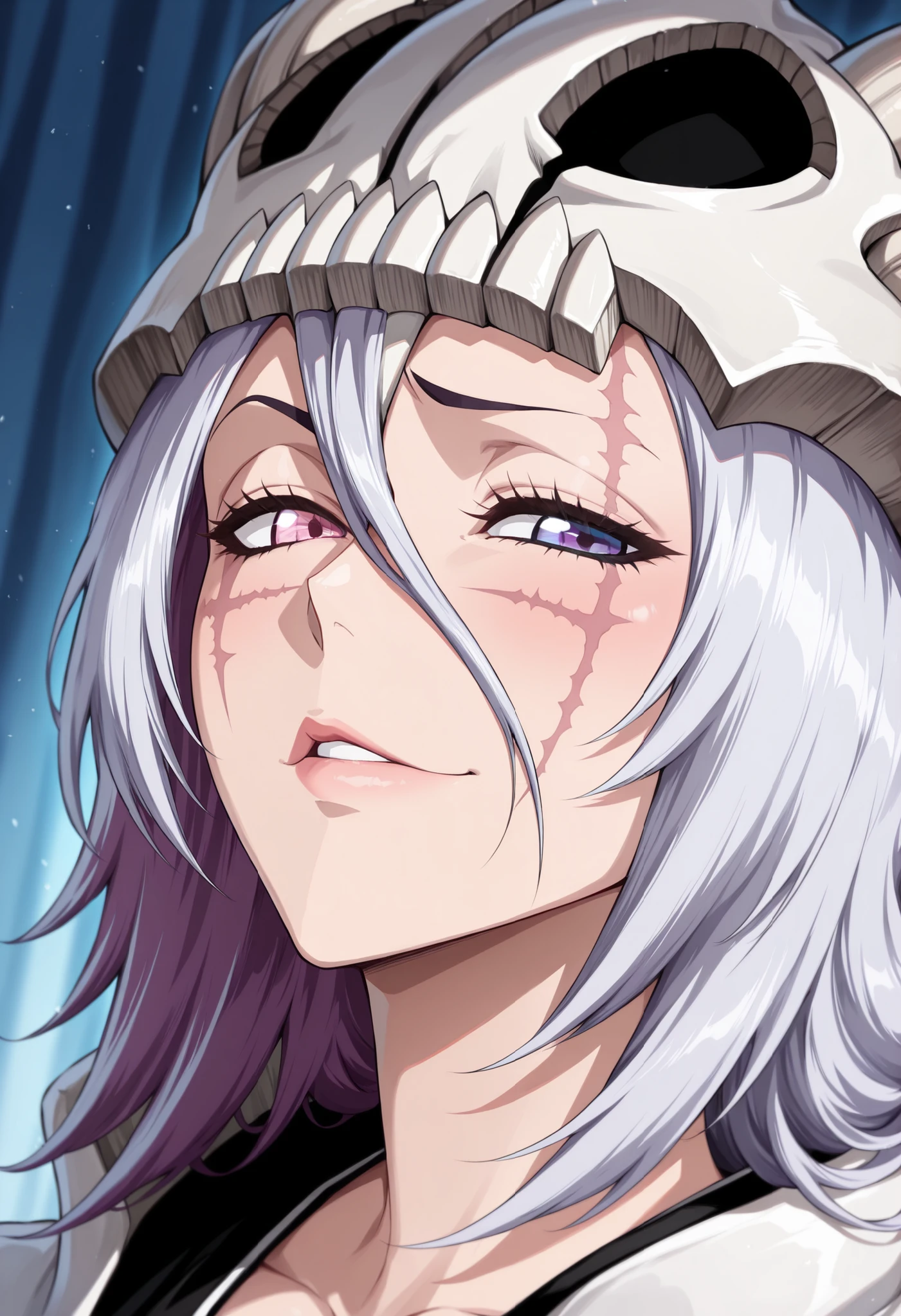 masterpiece,best quality,amazing quality,highres,absurdres,very_awa, upper body, only face, face shot, (((portrait))), close up on face, face portrait, masterpiece, best quality, newest, absurdres, highres, detailed eyes, beautiful, detailed background, beautiful woman, mature,(masterpiece, best quality:1.2), amazing quality, very aesthetic, 32k, absurdres, newest, (masterpiece, best quality:1.2), amazing quality, very aesthetic, 32k, absurdres, newest, (((arrancar))), (((bleach))), 1girl, solo, naughty face, mature female, half-closed eyes, skull_on_head, medium hair, huge horns, white horns, mature female, dutch angle, (morning:0.8), blurry background, glowing light particles, depth of field, raised eyebrown, raised eyebrow, looking for side, tilting up head, embarassed face, silver hair, (((heterochromia))), (((right pink eye))), (((left purple eye))), biting own lips, scar mark on left eye