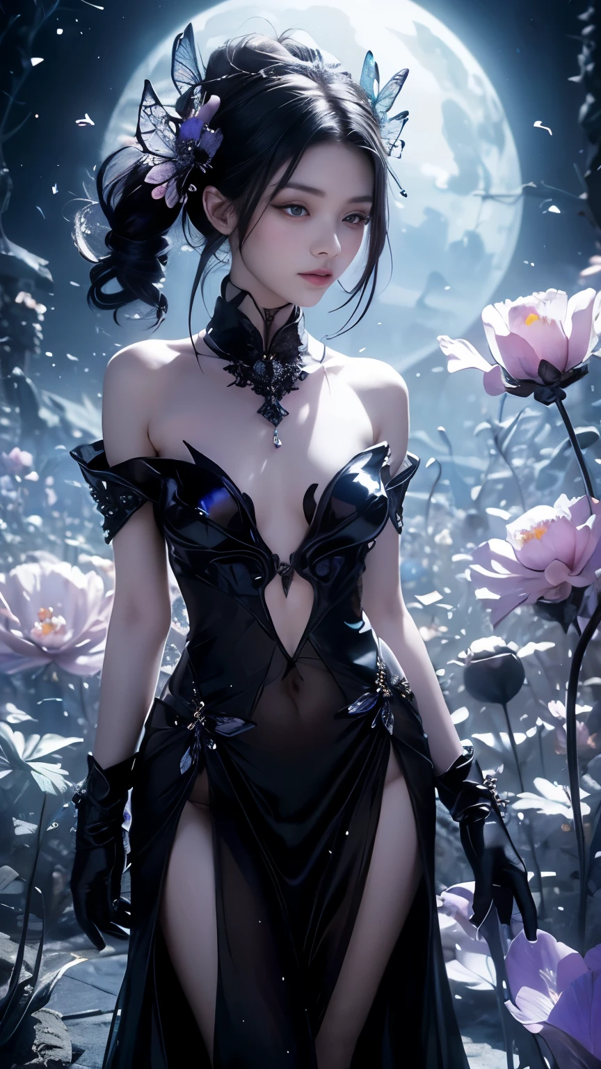 Gothic Flower Fairy in a garden bathed in the spectral light of a pale moon, where black poppies (Papaver somniferum 'Black Peony') bloom alongside other ghostly flowers in shades of gray and black that seem to glow faintly with an inner light. Dewdrops glisten like polished obsidian, reflecting the moonlight with a dark, glassy sheen. A subtle, dark mist swirls among the flowers, revealing shadowy, ephemeral shapes. At the center of this intriguing Gothic scene, the Gothic Flower Fairy exudes a melancholy allure: pale skin with a faint grayish sheen, almost like porcelain in the moonlight. Her face is expressive and mysterious, with eyes that shine like dark, piercing sapphires, a full mouth with lips the color of dark wine, and a soft, enigmatic smile. Her hair is long and dark as night, with a few strands reflecting the moonlight in a deep blue glow, adorned with dark black poppy flowers and perhaps a few black feathers with a subtle ebony sheen. Her sheer, sensual micro-dress, made of the finest black poppy petals, is arranged to reveal her curves, enhancing her slender, curvaceous figure, leaving little to the imagination with a sophisticated, gothic sensuality. Her wings are large and translucent, delicately shaped like the wings of a dark monarch butterfly, in shades of black and deep burgundy, almost opaque, with intricate details of visible veins and elegant tips. Small dark gothic fairies, like tiny flying black poppy petals with trails of dark stardust that emit a soft dark sapphire glow, hover softly around her, sometimes disappearing and reappearing in the mist. Dark red and black butterflies with intricate patterns on their wings, glowing faintly in shades of dark ruby, flutter among the flowers, and small black beetles with carapaces that resemble dark gemstones with a subtle metallic sheen, crawl across the petals that seem to whisper to the touch. The scene should be hyper-realistic, with intricate details and an atmosphere of mystery, melancholy an
