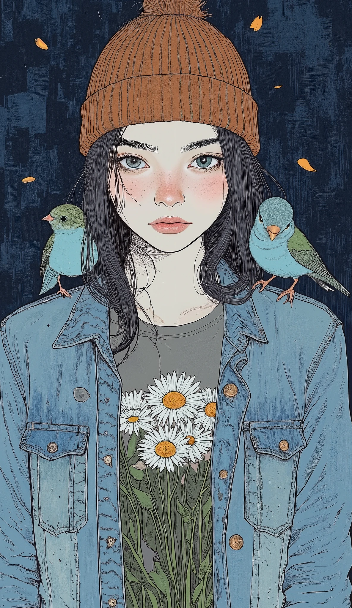with a brown knit beanie and、I'm wearing a blue denim jacket with buttons and a shirring collar. I have 2 blue-green birds perched on my shoulders, adding a whimsical touch to the artwork. I have a white daisy flower on my chest、green stems and leaves, on a dark blue textured background、bright petals scattered. The overall composition creates a serene and artistic atmosphere.