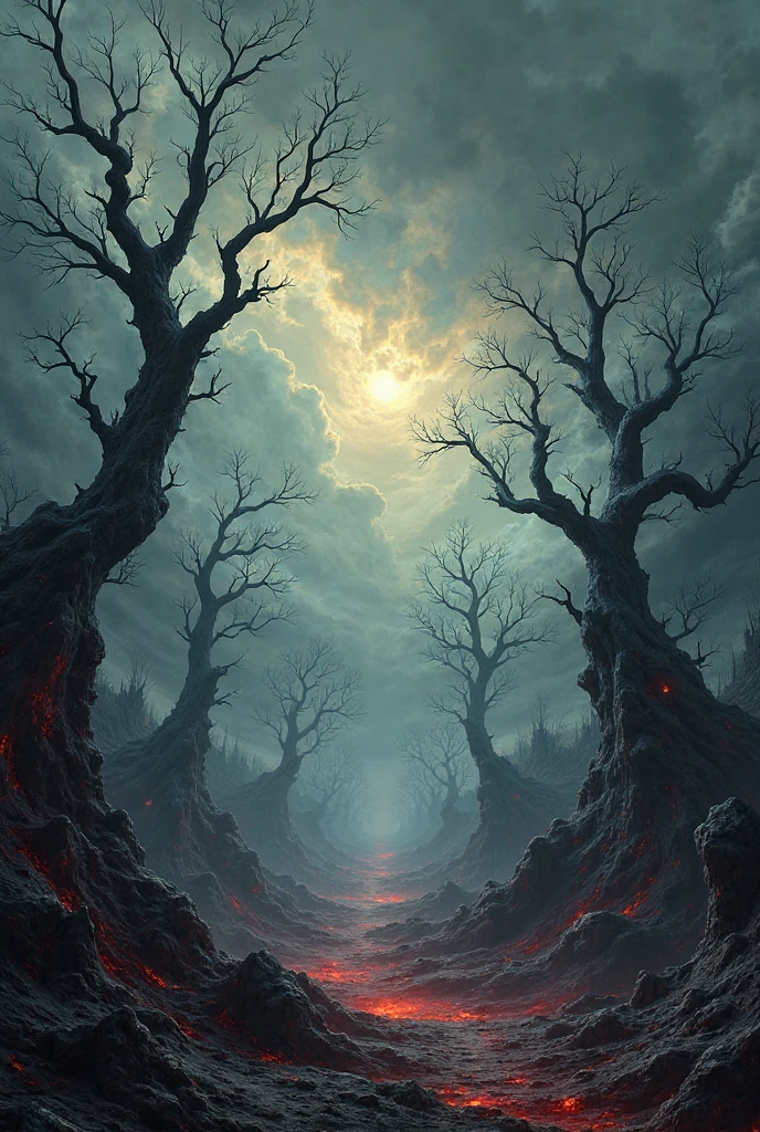 biomechanical dark valley with rotten dead trees and biomechanical mutant trees, rotten ground, cosmic hurricane, hybrid tornado with souls and a spiked horror abyss on the right. Horror art. ultra HD, realistic, Digital drawing, hyperdetailed
