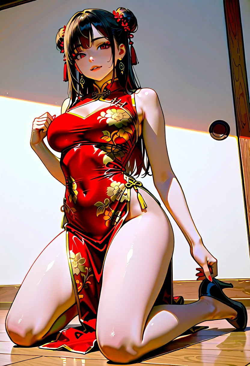 (4k),1 woman,solo,(cute:1.3),mature female,huge footers,softy saggy breasts,(1 woman is working in the chinese restaurant),((chinese dress,high heels)),dark brown hair,bangs,(smile,blush:1.3,sweat:0.4),(puffy eyes),(masterpiece:1.2,best quality:1.2),delicate illustration,ultra-detailed,chinese restaurant, detailed background,(full body,distant view),looking at viewer,ikuta,girl,more_details:0.5,