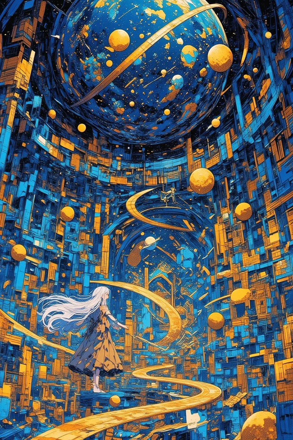 a graceful young girl with long white hair and a flowing dress, standing in a vast celestial observatory made of deep blue stone and golden arches, gently reaching out to operate a massive floating orrery of golden rings and glowing constellations, streams of stardust flowing across the floor beneath her feet like a cosmic river, everything rendered only in shades of deep blue and gold, no other colors, serene and mystical atmosphere, illustration style,  retroanime