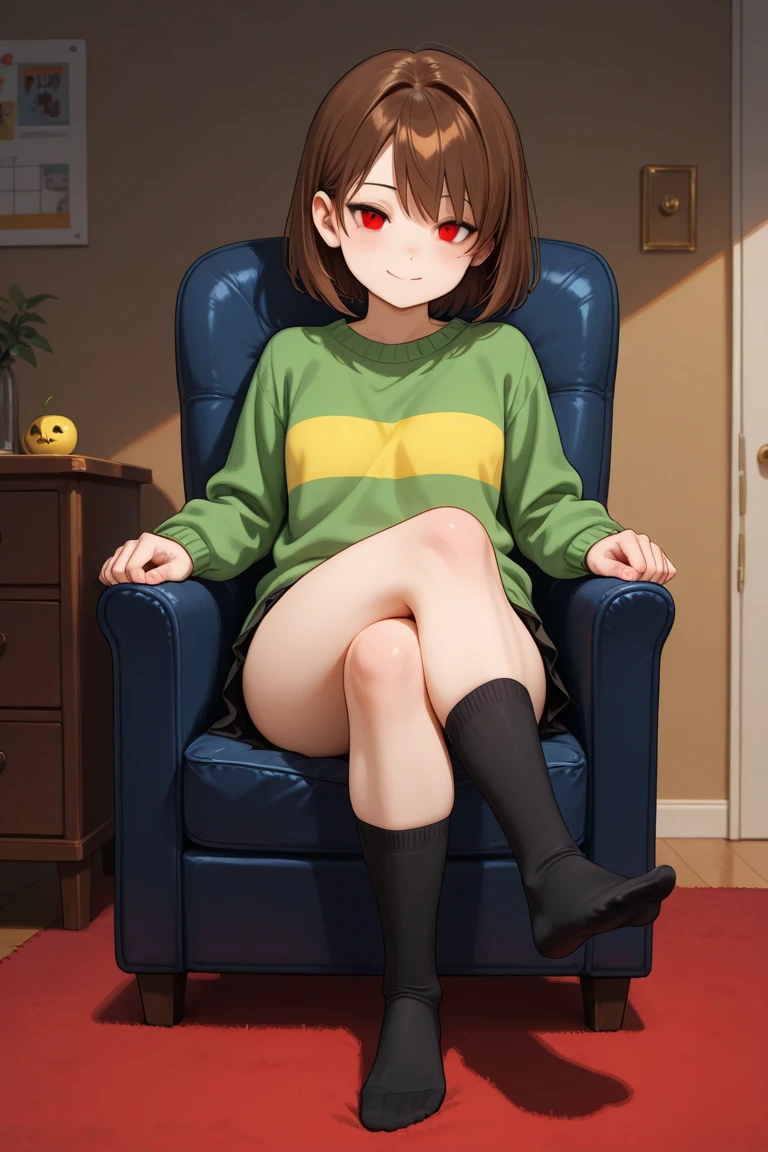 Undertale Chara, adult, comics, red eyes, crossed legs, black socks, no shoes