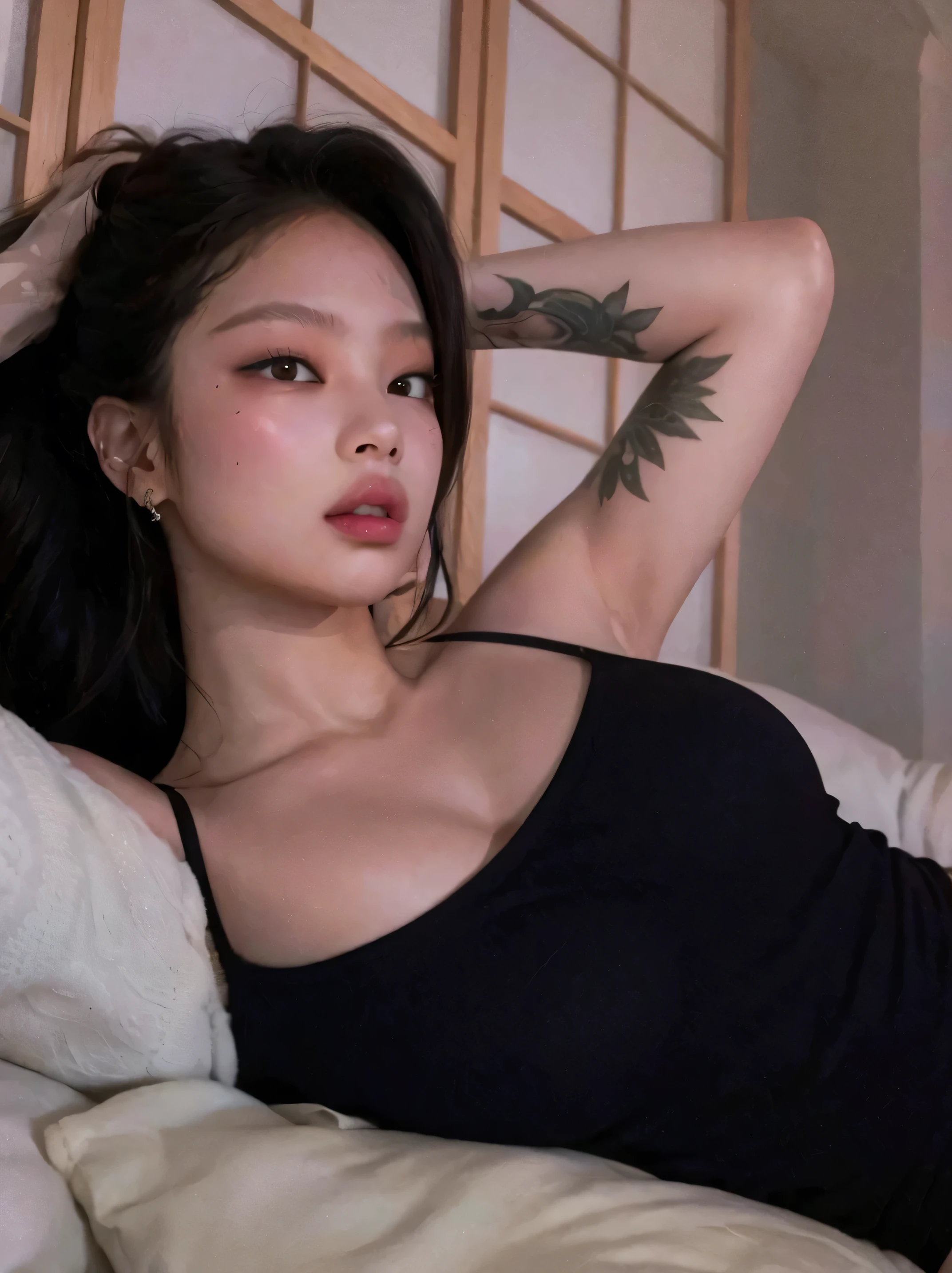 Pritty face, korean, slim, long hair, model, supermodel, visible cleavage, tattoo