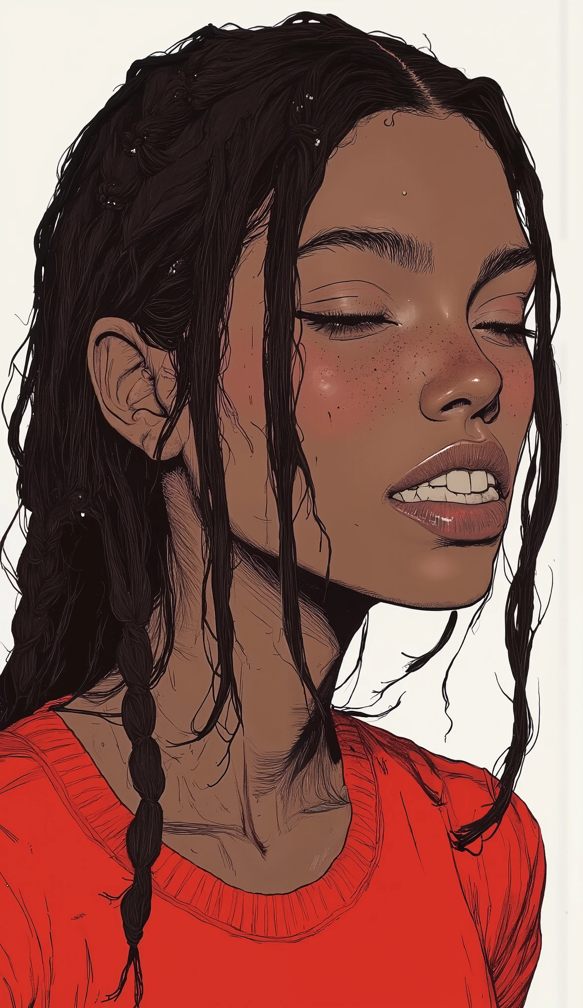 teeth、wearing a red stadium jumper、eyes closed、depicting an African girl with braided black hair、 freckles、Minimalistic painting by Nara Yoshitomo, Tumbler, それteeth何ですか?, Nara Yoshitomo, shinsui ito, sui ishida, kaoru mori, Yaoi Kasuma , Kurumada Masami, Rinko Kawaichi, Akiko Takase, Naoya Tanaka