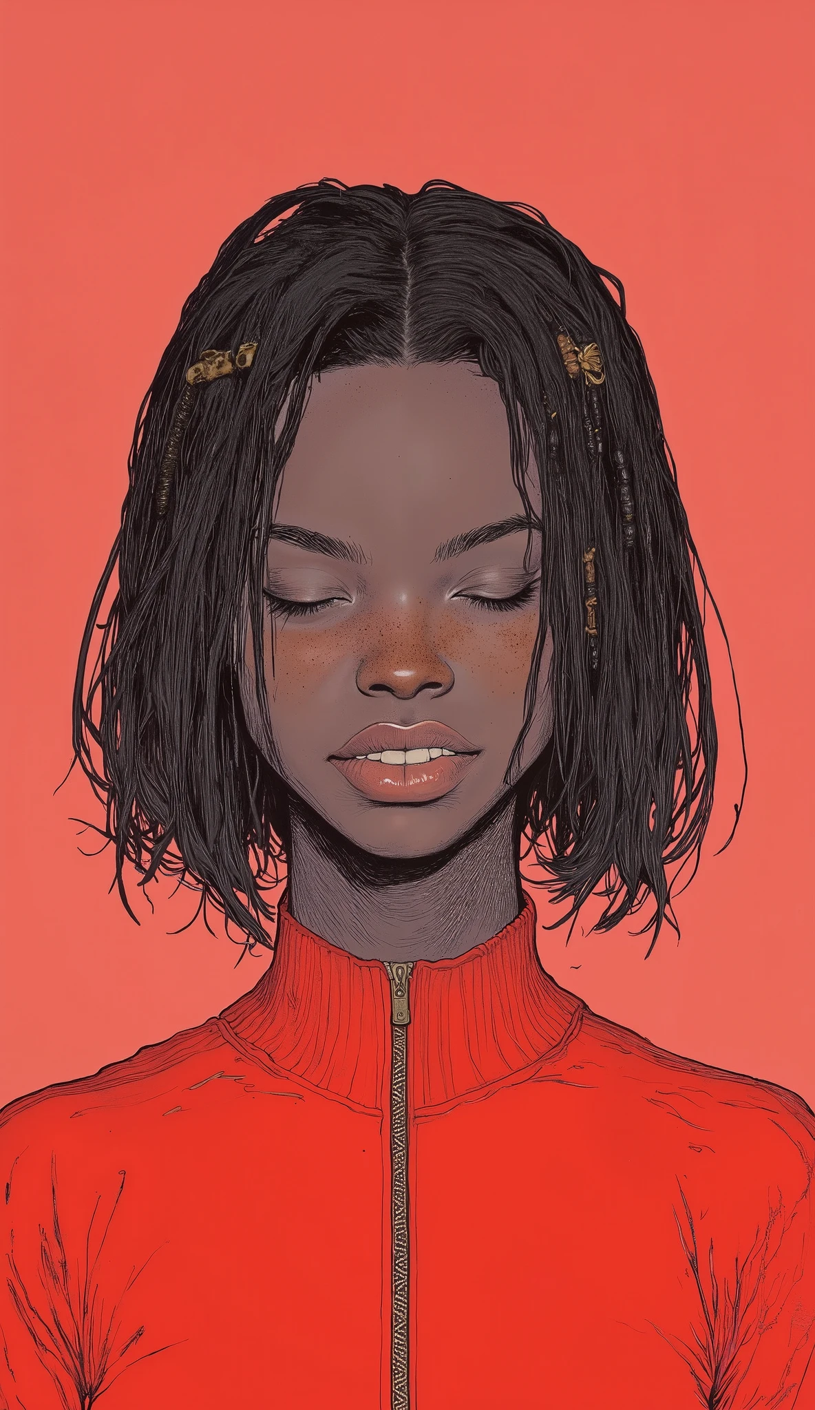 teeth、wearing a red stadium jumper、eyes closed、depicting an African girl with braided black hair、 freckles、Minimalistic painting by Nara Yoshitomo, Tumbler, それteeth何ですか?, Nara Yoshitomo, shinsui ito, sui ishida, kaoru mori, Yaoi Kasuma , Kurumada Masami, Rinko Kawaichi, Akiko Takase, Naoya Tanaka