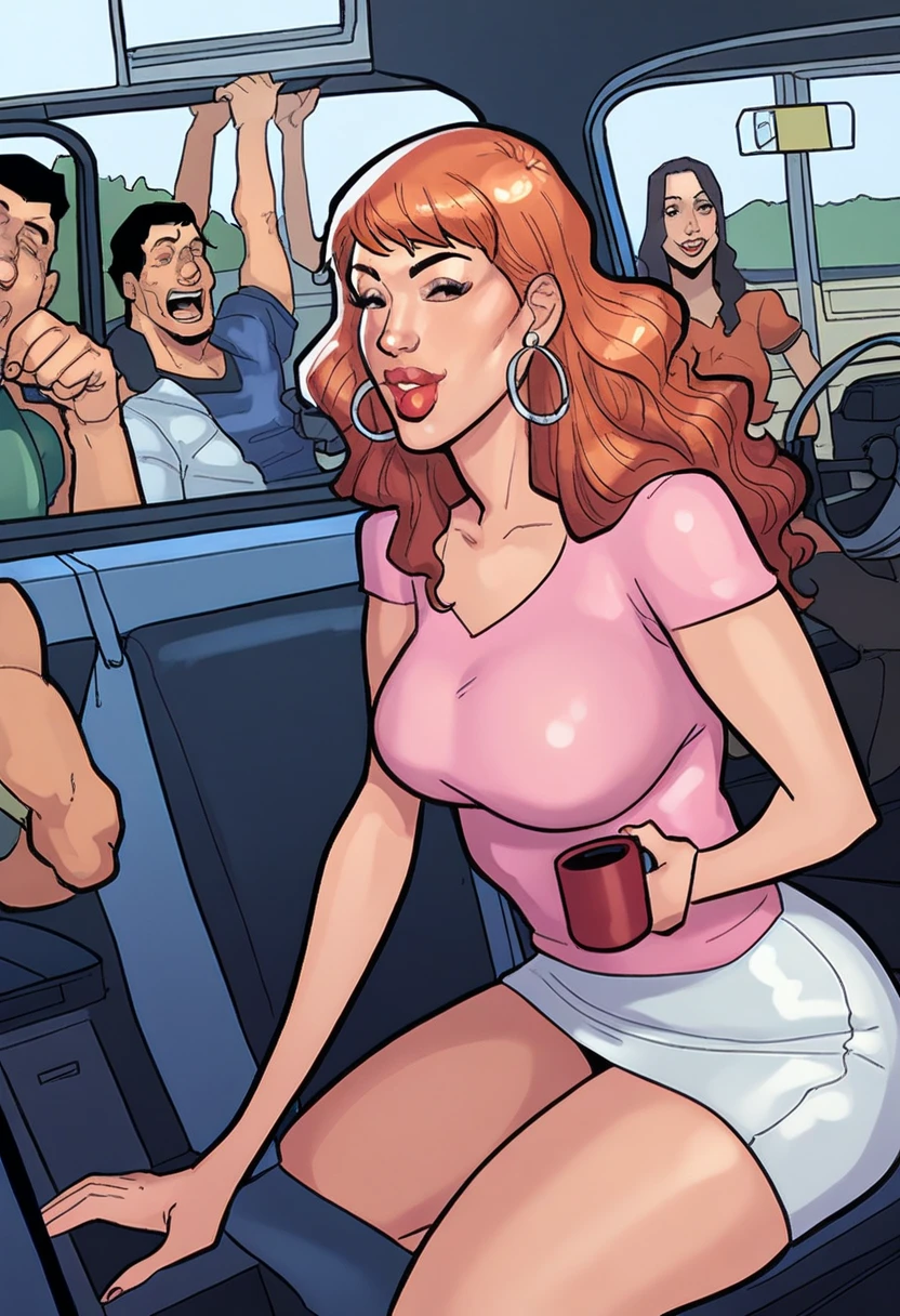 sam, totally spies, kneeling, inside a train, skirt, bare shoulders, green eyes, orange hair, blushing, fat man, blowjob, multiple men, laughing men, side view