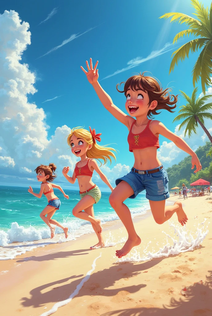 10 year old girl playing with friends on the beach