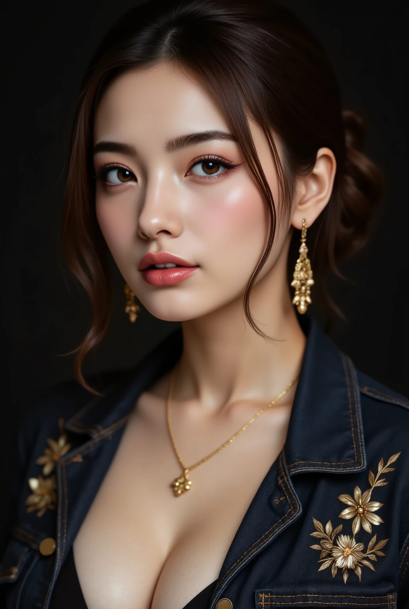 ((Best Quality, 8K, masutepiece:1.3, 1 girl, Beautiful Girl)), Cute, Dynamism, Detailed face, Detailed skin, Detailed eyes, A stunning portrait of beauty like Anna Dittman , (Beautiful:1.4), (beautiful_face:1.5), perfect lighting, Colorful, Bright_Front_face_Lighting, highres, (absurdres:1.2), ultra high res, high quality, very highly detailed face, masterpiece, ((perfect_hands):1), (Best Quality,masutepiece:1.3),A portrait of a young woman with a detailed dark brown updo hairstyle and a few loose strands. Her makeup is natural with hazel eyes, accentuated by gold drop earrings and a gold necklace. She is wearing a dark denim jacket with gold embroidery open at the top to show a black undergarment. The background is dark to contrast with her and emphasize the golden accents of her jewelry and jacket embroidery.