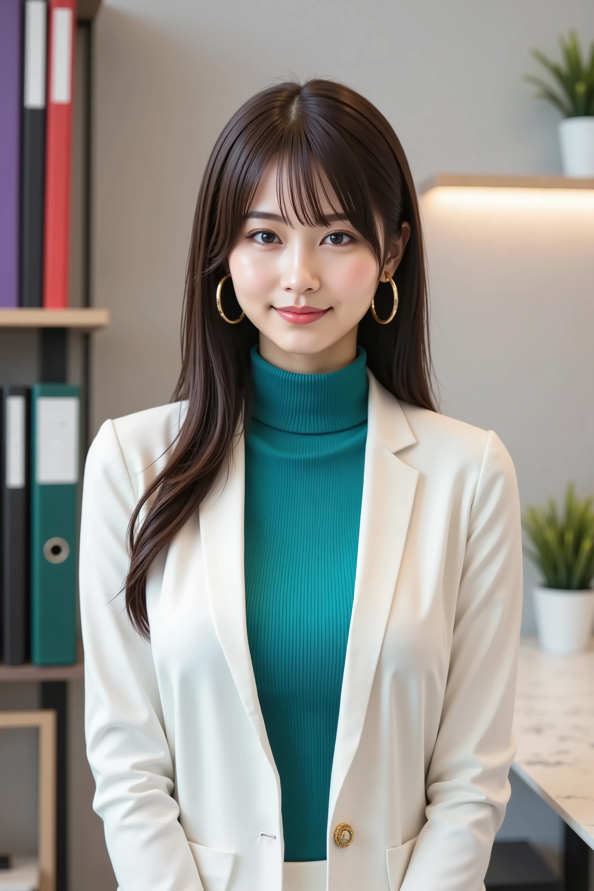 haruka, firm breast, by adjusting the framing so the subject's full head is visible within the composition, with the crop showing only from just above the bust to slightly above the top of the head. a highly detailed and realistic digital illustration of a stylish professional woman standing in a modern office setting, by adjusting the framing so the subject’s full head is visible within the composition, with the crop showing only from just below the shoulders to slightly above the top of the head. Ensure there is a comfortable amount of background space above the head to establish spatial context. The focus is on her upper body clothing and the surrounding interior environment.
She is wearing a sleek white blazer with gold buttons and subtle seam lines, giving it a tailored, polished appearance. The blazer is open at the front, revealing a teal ribbed turtleneck sweater underneath, which adds contrast through its vivid color and textured fabric. Large gold hoop earrings frame her face, enhancing the sense of style and formality.
Her posture is upright and professional, suggesting confidence. Her hands are slightly out of frame, likely resting on a table. The lighting is bright and even, characteristic of a clean, modern office space.
The background shows an organized office interior, with shelves filled with neatly arranged binders in various colors including purple, red, green, and black. A potted plant adds a touch of greenery to the environment. To the right, a marble countertop and additional shelving suggest a workspace that balances aesthetics and function. The walls are smooth and lightly colored, while the ceiling features built-in lighting with a recessed fixture that provides soft overhead illumination.
The entire scene emphasizes professionalism and modern elegance, balancing detailed wardrobe styling with an orderly office backdrop.