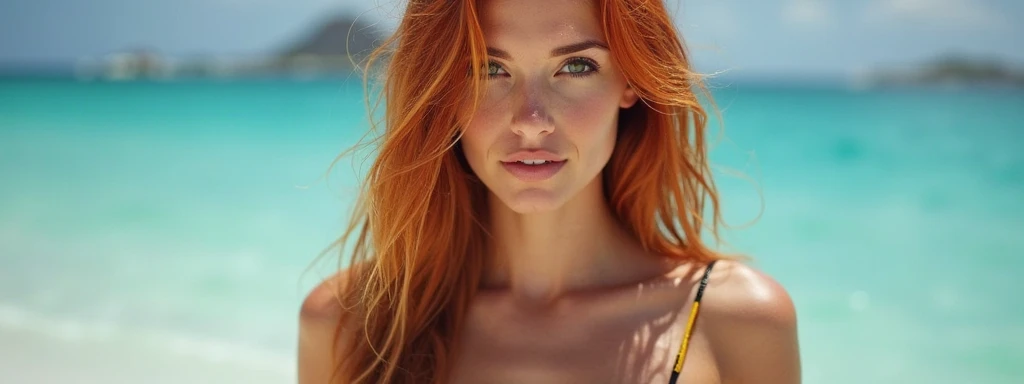 photo realistic, ultra realistic, masterpiece, best quality, highres, absurdres, hot european woman, long red and straight hair, elegant perfect hair, (30 years old, hazel eyes, hourglass figure, perfect fit body, natural big breasts), femme fatale, detailed face, detailed eyes, flirtatious eyes, beautiful long eyelashes, detailled lips, naughty smile, lips slightly parted, wearing a sexy black push-up bikini, amazing cleavage, laying seductively on the beach, windy day, shiny wet skin, close-up, extreme close-up
