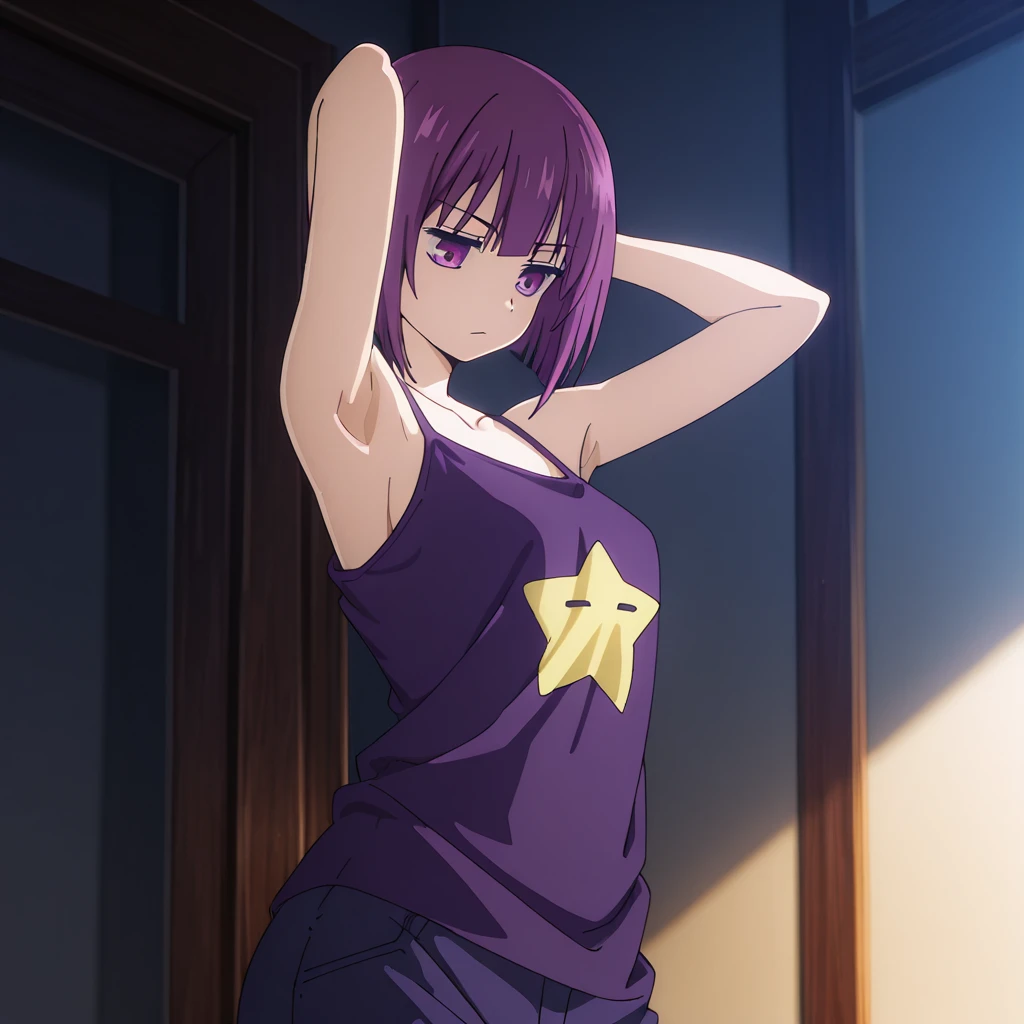best quality, (Masterpiece:1.2), details,
alone, night sky, forest, arms behind head, opposite, Spread the armpits., gag, smile, (cowboy shoot:1.5)
curse, , smile, looking at the audience, Purple Hair