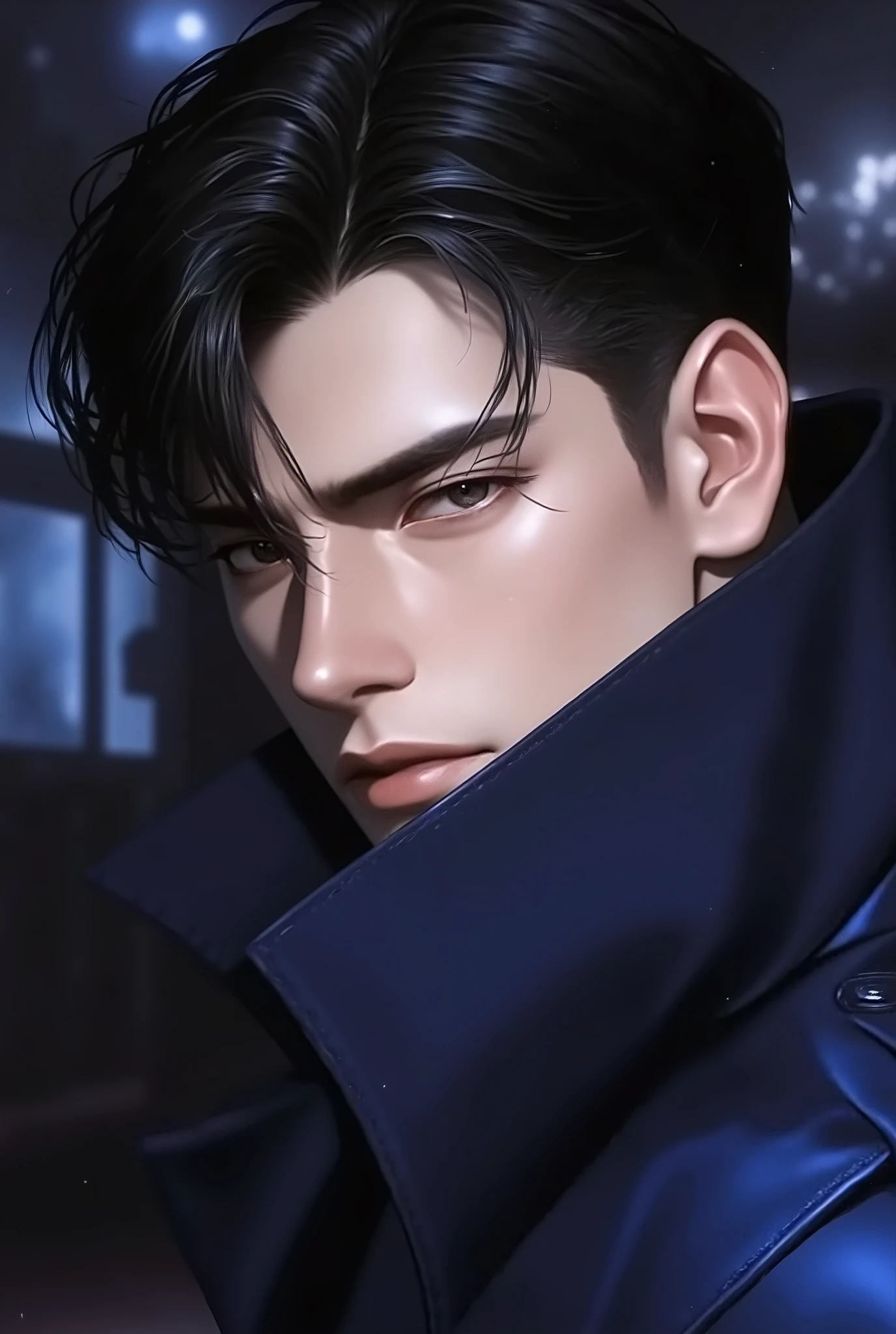 ((RAW Photo), absurd, (absurdresolution)), masterpiece, best quality, (Extremely detailed 8k unity CG wallpaper), (best illustration), (best shadow), Realistic lighting, A semi-realistic anime-style man with a calm and composed expression. Age 27. He has short, sleek black hair, cool demeanor. His complexion is a healthy pale white, with warm undertones that contrast nicely with his dark features. His face is sharp and symmetrical, defined by high cheekbones, a strong jawline, and a sharp, slightly pointed nose. His large, almond-shaped eyes are dark and deep, conveying a sense of observant calm, framed by thick, well-groomed black eyebrows. His expression is neutral, exuding quiet confidence as his full lips rest in a relaxed line. He wears a blue English royal coat with subtle accents in dark blue, the collar slightly raised, framing his face. The lighting is soft yet dramatic, creating gentle shadows that enhance the contours of his facial structure, particularly around his cheekbones and jawline, giving him an air of mystery. Loose strands of long hair fall gracefully into the frame, adding a touch of dynamism while maintaining his composed demeanor. The background is blurred, featuring hints of a palace night setting, keeping the focus entirely on his captivating eyes and sharp features. The entire image radiates power, elegance, and a sense of introspective observation., (((Photographic Perspective of her)))