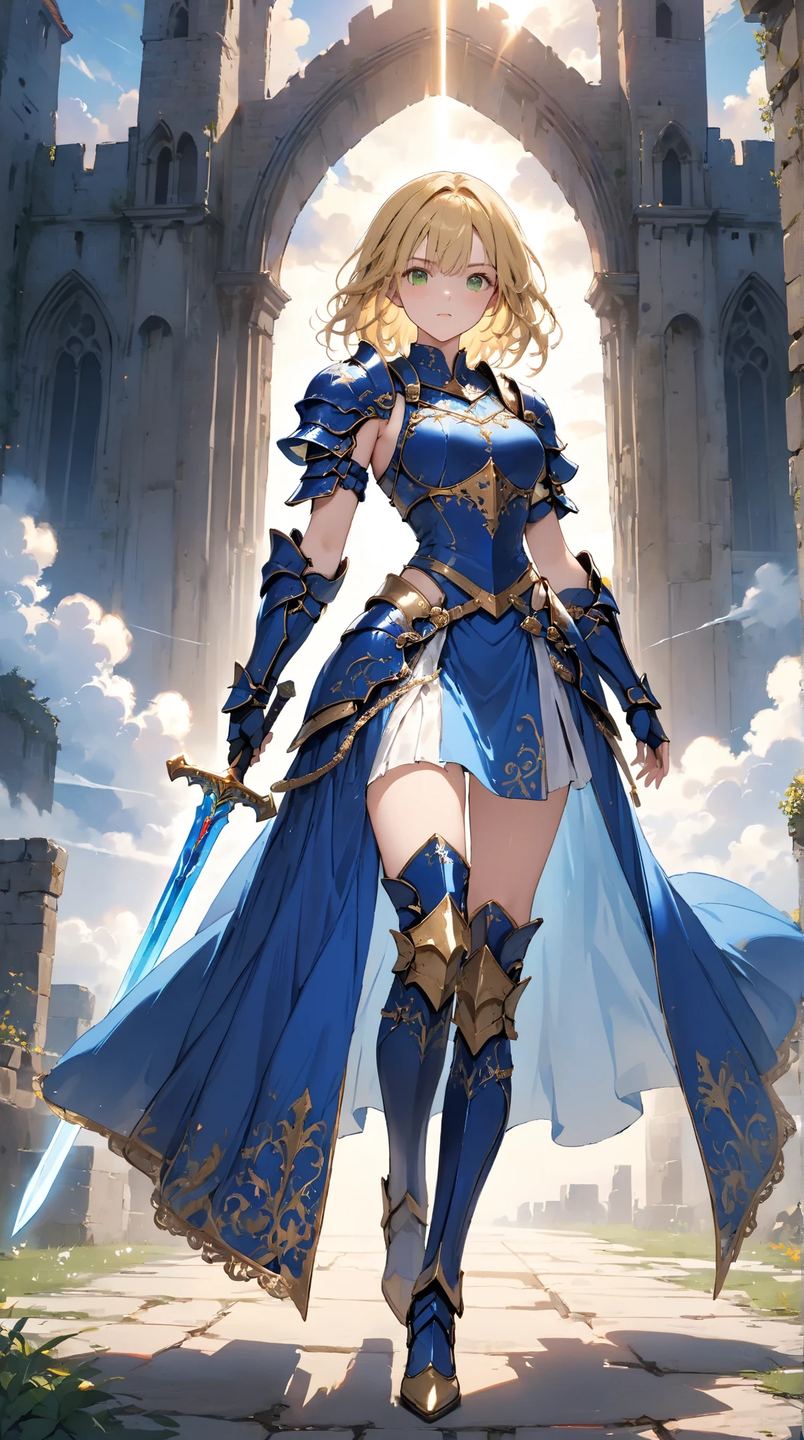 One young and beautiful woman,(Highest quality,Extremely detailed depiction,Incredible high resolution,Anatomically accurate depiction,Curvy Legs),(Glowing Skin,Glowing Skin),(A female swordsman with a noble aura),(Blue Armor,Blue Boots,Metal embroidery,Transparent gemstones and precious metals decoration,Exquisite armor detailing,Holy sword,Valkyrie Helmet,Cape,White tights),(blue eyes,Half-closed eyes:1.3,Shadowed face,lipstick,There is cleavage in the chest,Cool look),eyelash,Luxury Accessories,Earrings,necklace,bracelet,Standing posture