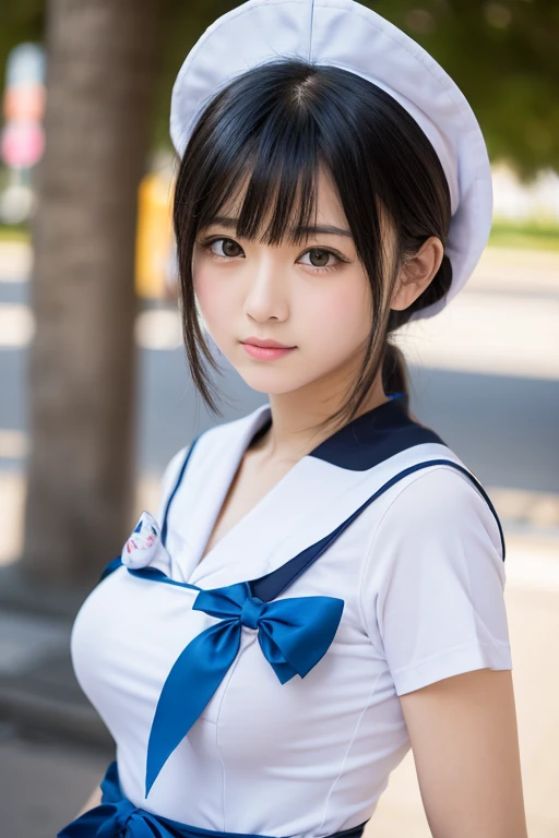 One person, 8k,smile, Big Breasts、Black Hair, Simple Background, High resolution, Highest quality, High-resolution model, High detail, Japanese、Gaze、Shortcuts, Sailor suit、classroom
