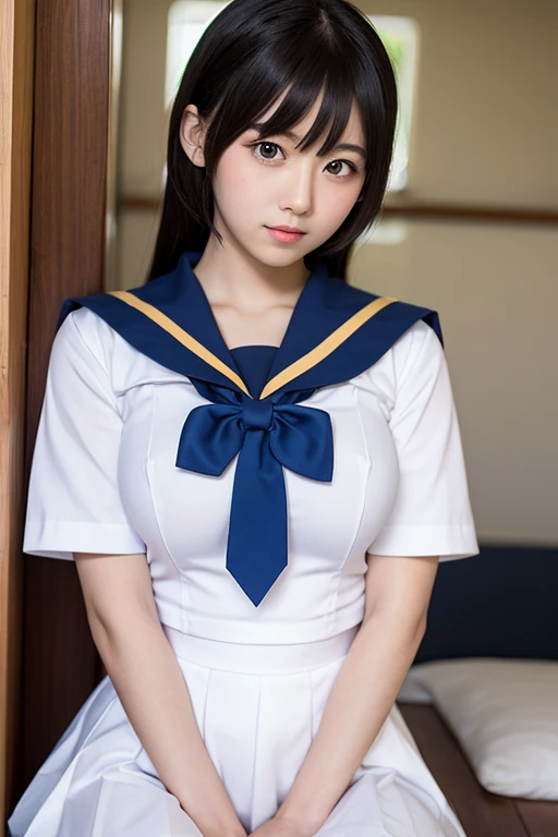 (((show off ))), (((show off spread-tread legs))), (((Showing ))), Very detailed CG 統合 8k 壁紙, Very nice 8K CG wallpaper, (masterpiece, Highest quality), High resolution, Very detailed, Ultra Sharp, 1 girl,(((Medium sized breasts me sagging:1.4))),A love hotel with a mysterious atmosphere,On the bed at the love hotel,  (((透けて肌が見える白のSailor suit:1.7))), (((Sailor suit))),(((belly button ))),  ((hite pleated mini skirt with exposed skin:1.5))), (((I&#39;Do not wear hats:1.5))), (Beautiful Face, Cute Face, detailed aspects),  (((Beautiful eyes in every detail))), break, (((sunny))), (((Open your legs to show off your crotch,Camel Toe))),perfec Eyes,((perfection,Beautiful pussy depicted in detail:1.4orgasm:1.2)),Ecstatic expression: