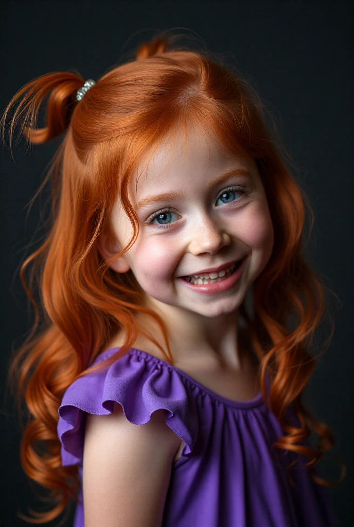 CHILD girl with long red hair wearing a denim jacket and a bow tie, cute redhead girl, redhead girl, red-haired girl, red-haired girl, portrait of a red-haired girl, young red-haired girl in motion, red hair and attractive features, cute young girl, she is redhead, happy child, flowing ginger hair, she has long redorange hair