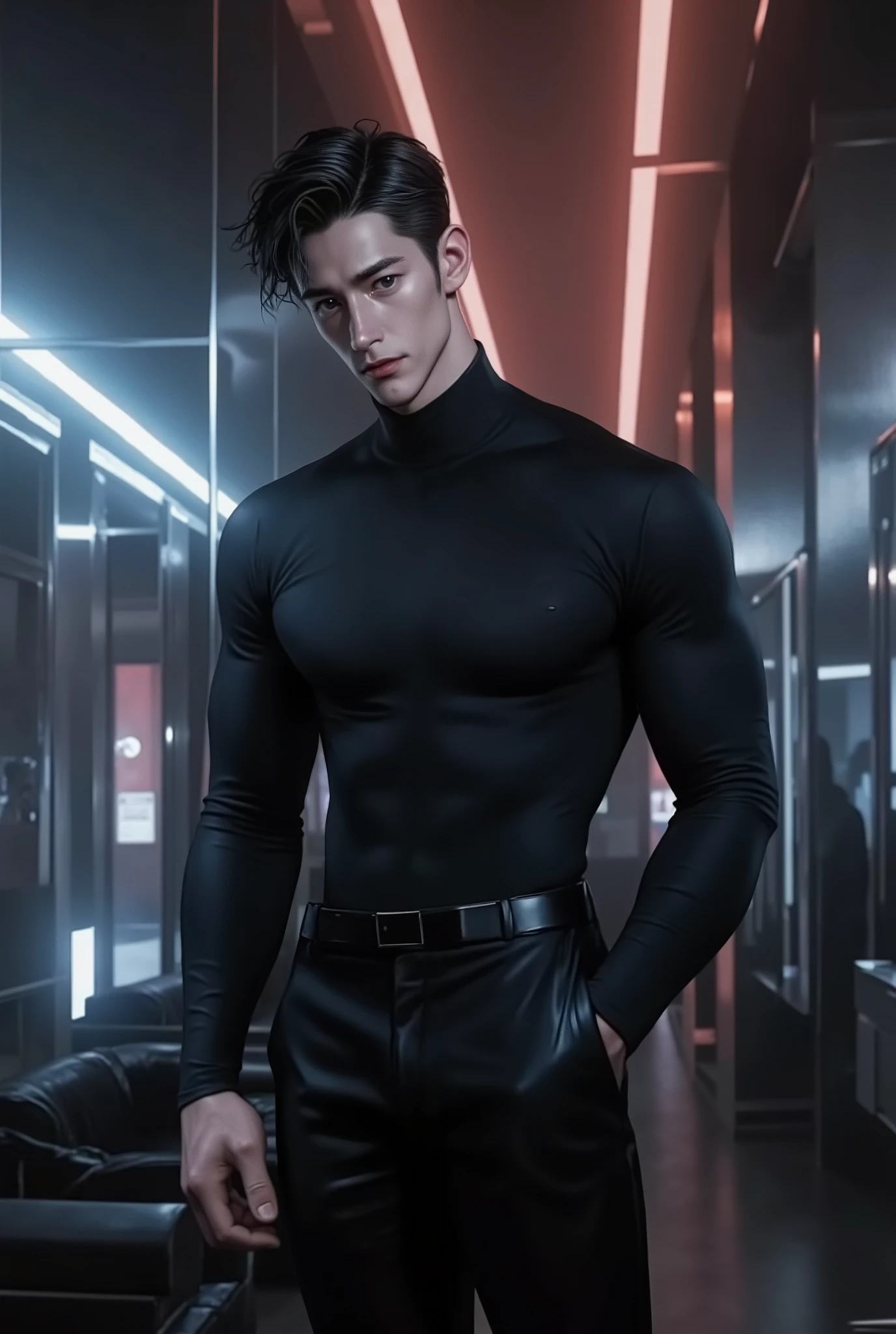 A full-body, ultra-realistic, hyper-detailed European male android, looking at the viewer. Futuristic elegance, a synthetic yet lifelike figure with an athletic, lean build. His flawless, fair synthetic skin mimics human texture with near-invisible seams at the joints, subtly catching light. His dark, slightly tousled hair frames a face of striking symmetry—sharp jawline, high cheekbones, piercing blue eyes engineered to replicate deep human emotion. His intense yet gentle gaze, well-defined lips, and intricate details suggest complexity beyond programming. Dressed in a sleek, form-fitting black turtleneck and tailored dark trousers, the futuristic matte fabric mimics high-end human clothing, flowing naturally with his movements. The ambient-lit, futuristic living space enhances his presence, a fusion of glass panels, metallic accents, and high-tech minimalism. Cinematic lighting casts gentle shadows, emphasizing his contours. The atmosphere is ethereal—captivating, almost unsettling in its perfect imitation of humanity. ((best quality, masterpiece, ultra-detailed, high resolution, deep lines, heavy strokes, cinematic, volumetric lighting, hyper-realistic, atmospheric, intricate composition, futuristic, neo-noir, cyberpunk aesthetics)). His refined, commanding presence exudes both elegance and a hauntingly human-like charm.