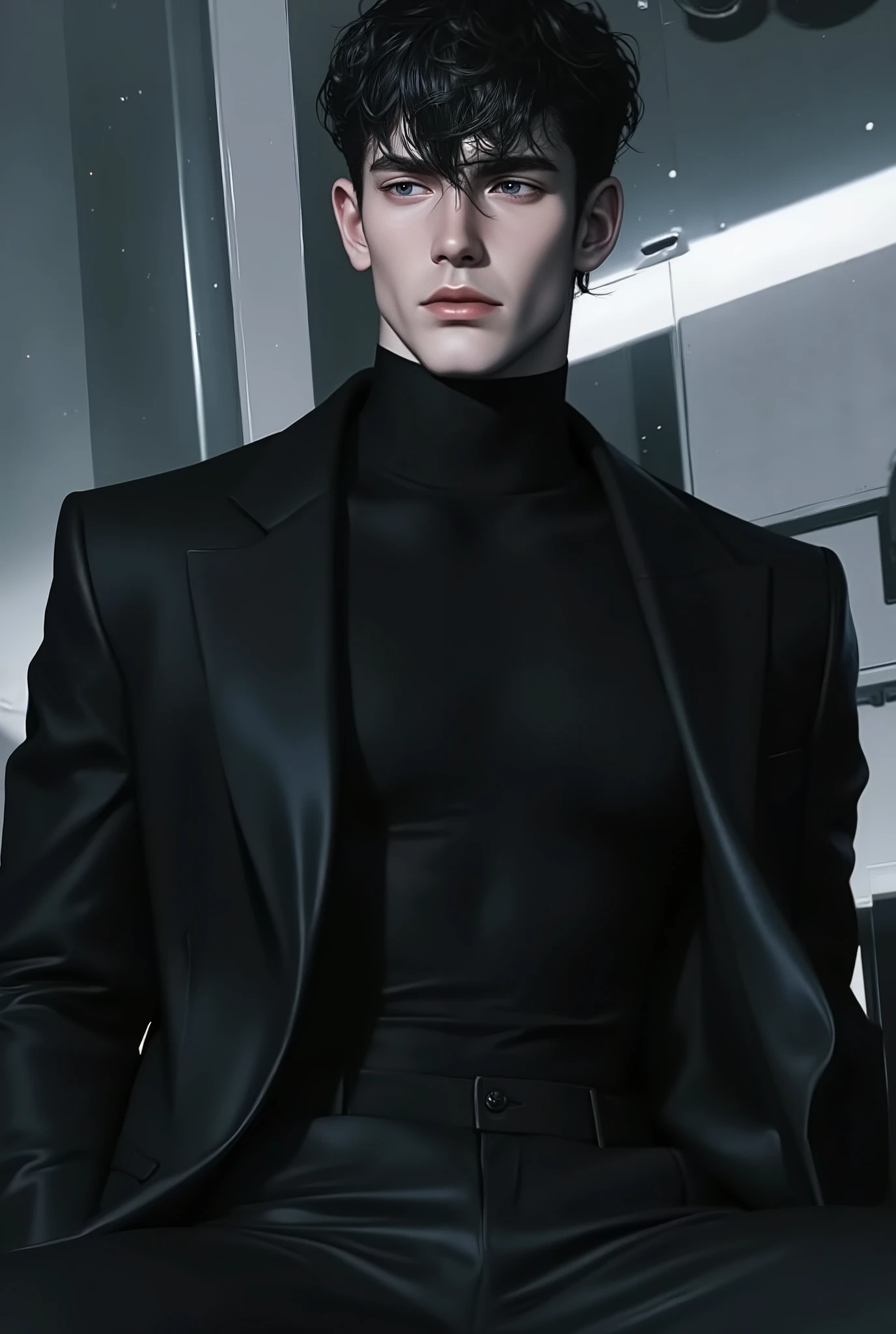 A full-body, ultra-realistic, hyper-detailed European male android, looking at the viewer. Futuristic elegance, a synthetic yet lifelike figure with an athletic, lean build. His flawless, fair synthetic skin mimics human texture with near-invisible seams at the joints, subtly catching light. His dark, slightly tousled hair frames a face of striking symmetry—sharp jawline, high cheekbones, piercing blue eyes engineered to replicate deep human emotion. His intense yet gentle gaze, well-defined lips, and intricate details suggest complexity beyond programming. Dressed in a sleek, form-fitting black turtleneck and tailored dark trousers, the futuristic matte fabric mimics high-end human clothing, flowing naturally with his movements. The ambient-lit, futuristic living space enhances his presence, a fusion of glass panels, metallic accents, and high-tech minimalism. Cinematic lighting casts gentle shadows, emphasizing his contours. The atmosphere is ethereal—captivating, almost unsettling in its perfect imitation of humanity. ((best quality, masterpiece, ultra-detailed, high resolution, deep lines, heavy strokes, cinematic, volumetric lighting, hyper-realistic, atmospheric, intricate composition, futuristic, neo-noir, cyberpunk aesthetics)). His refined, commanding presence exudes both elegance and a hauntingly human-like charm.