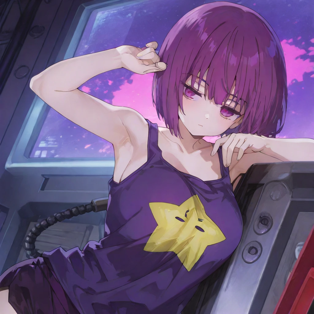 1girl, beautiful face, ((white eyes)), sexy pose, Red moon in the background, stars, space, (lightroom:1.13), soft light, (natural skin texture:1.2), (Hyperrealism:1.2), sharp focus, focused,[[realistic]]Front open shirt、Jacket、G-cup bust、Reddish-purple hair、Purple bra、skirt、Glamorous figure、Big Ass、Side view、
