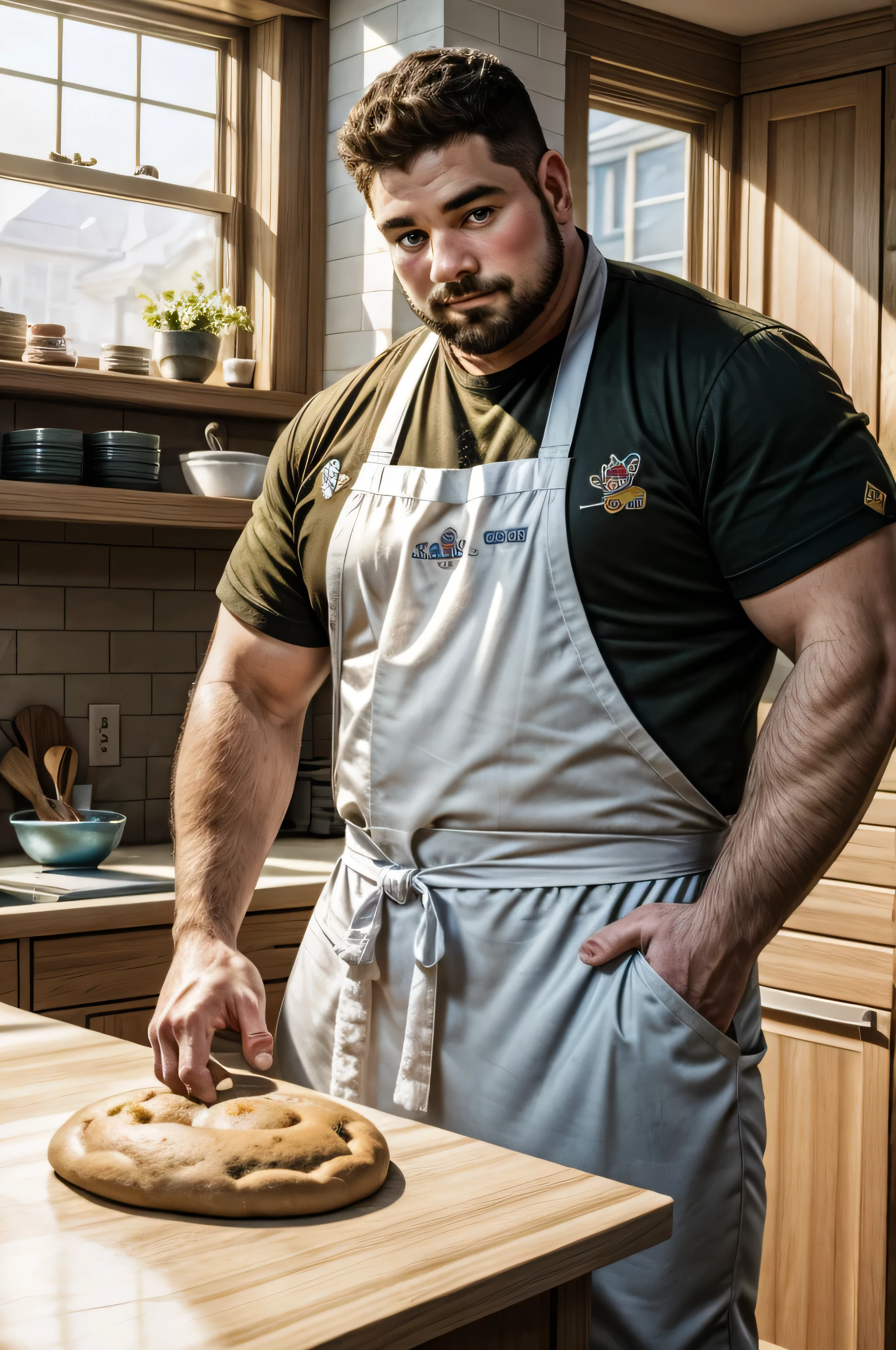(8k, high definition, masterpiece) handsome obese but buffed brae-chested Caucasian wearing a white chef's apron with a panda logo on the center. Bearded. medium length hair. wearing khaki trousers. kneading a dough on a counter top. inside a sun-lit kitchen through a window on his left side. cozy kitchen with plaid mustard-yellow and royal blue motifs. blurred background.