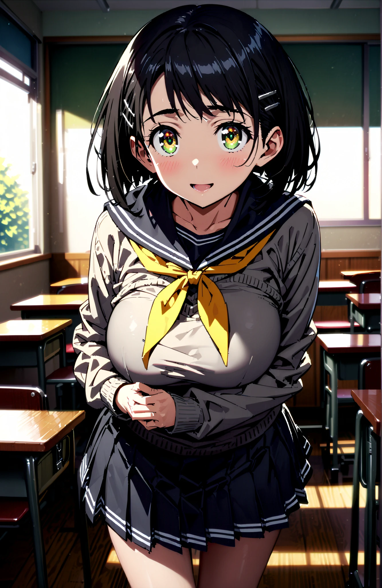  Kirigaya Naoha , short hair, black hair, hair ornament, hair clip, green eyes,smile,blush,and open the mouth,Big Breasts,
school uniform, skirt for ears, pleated skirt for ears, sailor collar, black skirt for ears, Sailor Suit, long sleeve, neckerchief, (gray sweater, sweater:1.2),  black sailor collar, yellow neckerchief,  black high socks,Holding a bouquet in both arms,standing,break looking at viewer,full body,
break indoors,Classroom,
break (masterpiece:1.2), best quality, high resolution, Unity 8Kの壁紙, ( illustration :0.8), (beautiful detailed eyes:1.6), very detailed faces, perfect lighting, very detailed CG, (perfect hand in h, 完璧な解剖学),