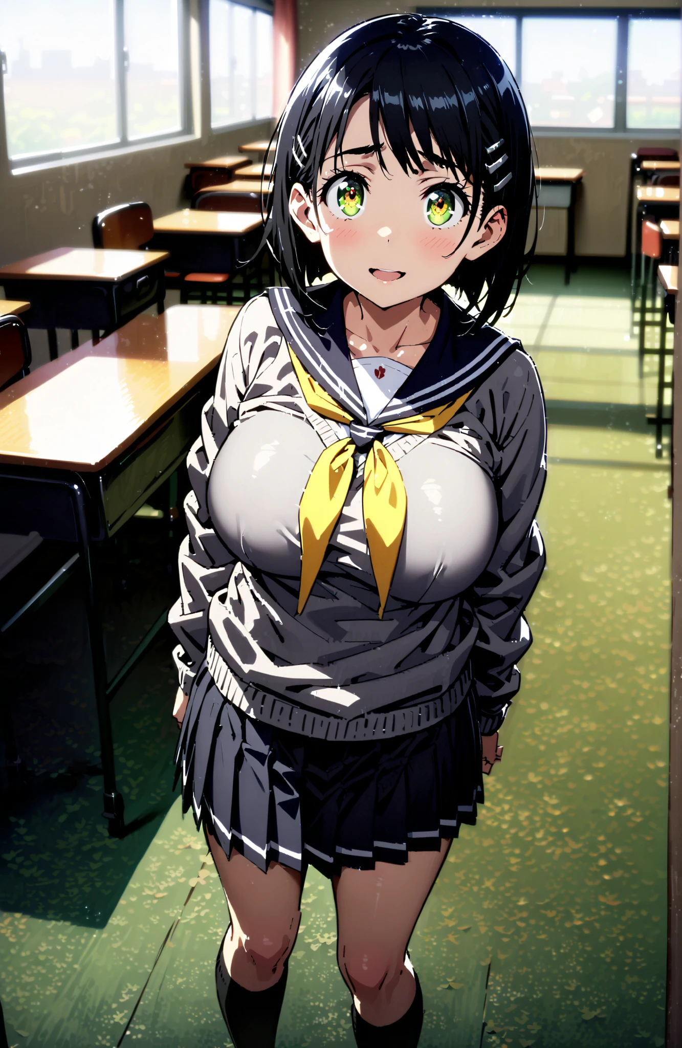 Kirigaya Naoha , short hair, black hair, hair ornament, hair clip, green eyes,smile,blush,and open the mouth,Big Breasts,
school uniform, skirt for ears, pleated skirt for ears, sailor collar, black skirt for ears, Sailor Suit, long sleeve, neckerchief, (gray sweater, sweater:1.2), black sailor collar, yellow neckerchief, black high socks,Holding a bouquet in both arms,standing,break looking at viewer,full body,
break indoors,Classroom,
break (masterpiece:1.2), best quality, high resolution, Unity 8Kの壁紙, ( illustration :0.8), (beautiful detailed eyes:1.6), very detailed faces, perfect lighting, very detailed CG, (perfect hand in h, 完璧な解剖学),