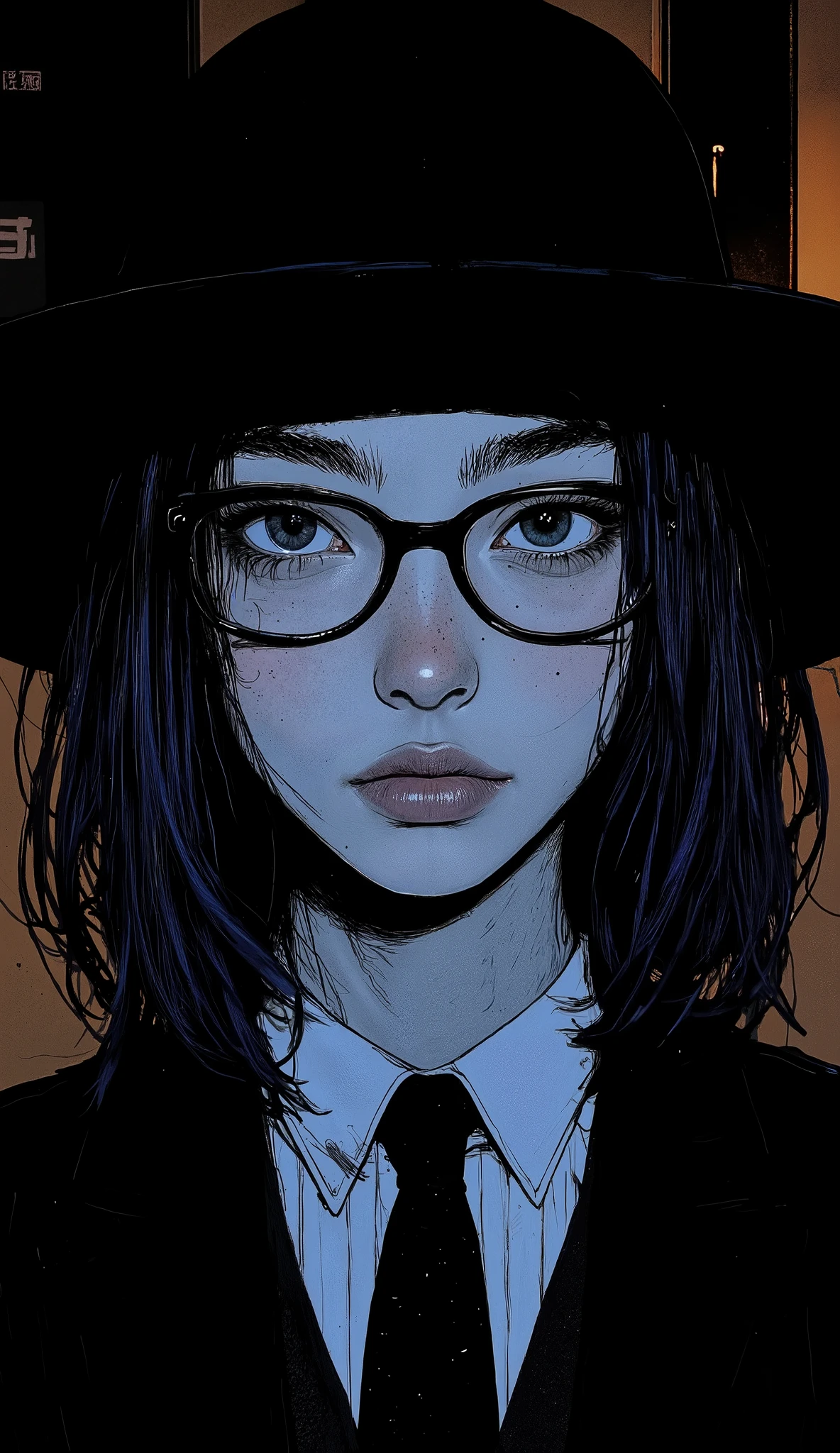 close-up of a person wearing glasses on a black background, inspired by Hirohiko Araki , Ueda Ryuta Artwork , Araki Hirohiko's Style, Wear a tie、animated image of a man sitting at a desk , inspired by leadership, anime style with a black hat”, Servander Dolpini , Close to Marin Kitagawa, portrait of an arab woman in a black hat and black coat、inspired by Yukihiko Yasuda, Official Art
