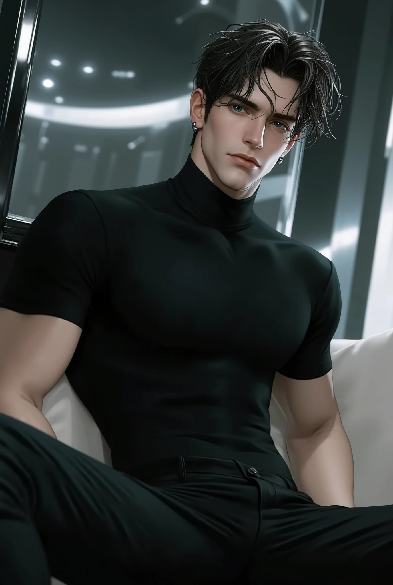 A full-body, ultra-realistic, hyper-detailed European male android, looking at the viewer. Futuristic elegance, a synthetic yet lifelike figure with an athletic, lean build. His flawless, fair synthetic skin mimics human texture with near-invisible seams at the joints, subtly catching light. His dark, slightly tousled hair frames a face of striking symmetry—sharp jawline, high cheekbones, piercing blue eyes engineered to replicate deep human emotion. His intense yet gentle gaze, well-defined lips, and intricate details suggest complexity beyond programming. Dressed in a sleek, form-fitting black turtleneck and tailored dark trousers, the futuristic matte fabric mimics high-end human clothing, flowing naturally with his movements. The ambient-lit, futuristic living space enhances his presence, a fusion of glass panels, metallic accents, and high-tech minimalism. Cinematic lighting casts gentle shadows, emphasizing his contours. The atmosphere is ethereal—captivating, almost unsettling in its perfect imitation of humanity. ((best quality, masterpiece, ultra-detailed, high resolution, deep lines, heavy strokes, cinematic, volumetric lighting, hyper-realistic, atmospheric, intricate composition, futuristic, neo-noir, cyberpunk aesthetics)). His refined, commanding presence exudes both elegance and a hauntingly human-like charm.