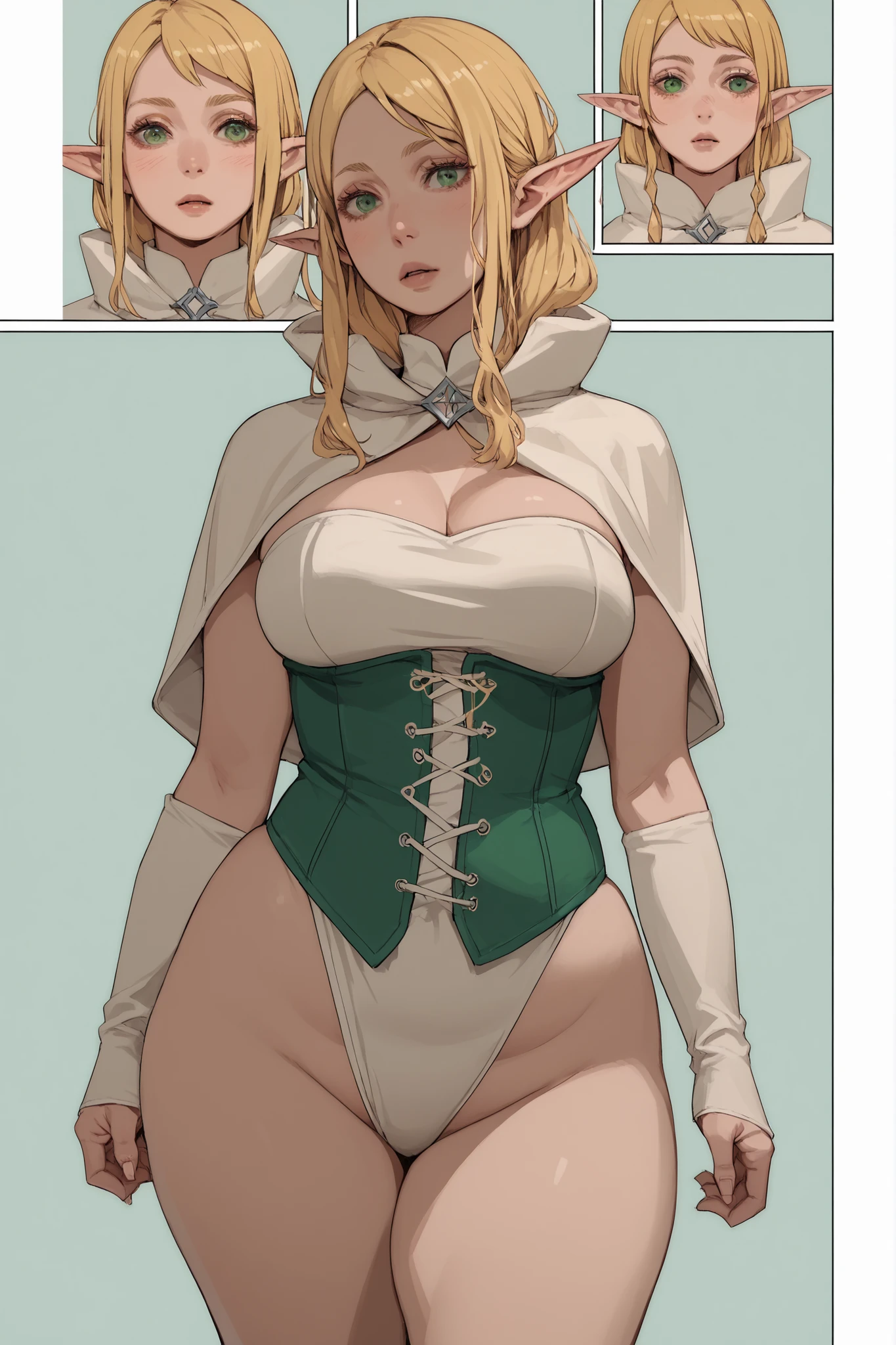 1 plump girl, long blonde hair, green eyes, long elf ears, voluptuous, big breasts, white capelet, white leotard, green corset, simple background, hentai comic, frames, multiple views, multiple frames