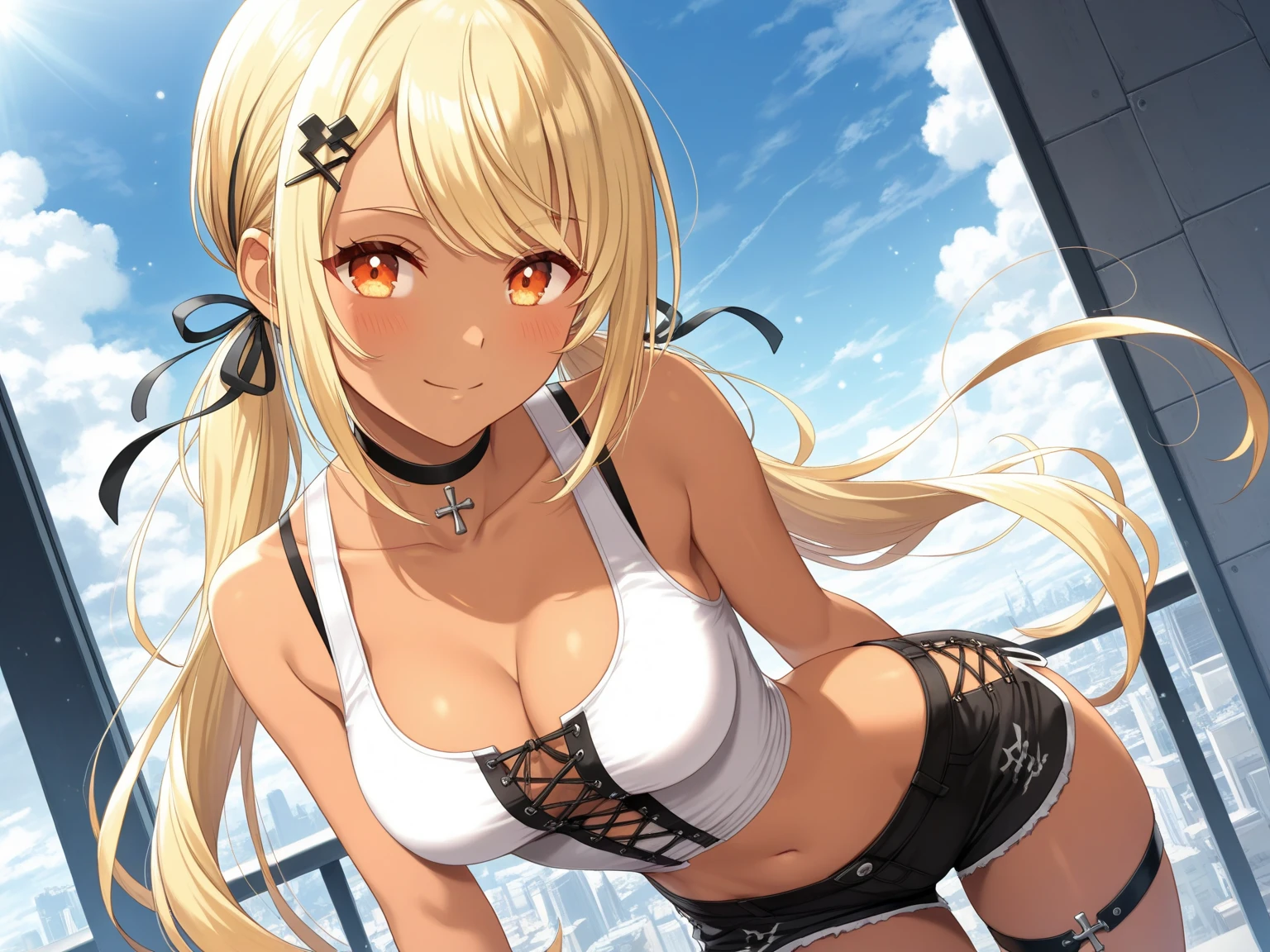 One Woman、Blonde Hair、Hair between the eyes、long hair、Blue Eyes、Big Breasts、Huge breasts、Tight waist、belly button、sunglasses、Tight Skirt、Tube top、Off the shoulder、Cleavage、Cleavage、Hair blowing in the wind、Smiling、Standing in an ancient Greek town、Angle from below、Touching your hair、blue sky、Photographed from an angle、Gravure idol pose、sexy、lure、