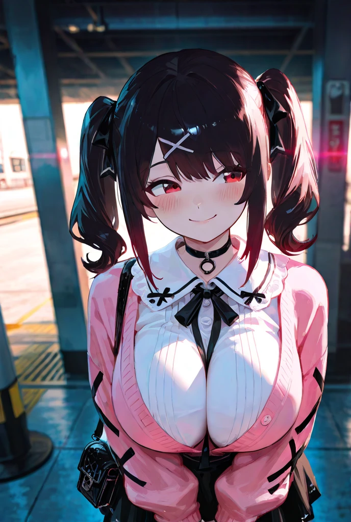 masterpiece, best quality, highres, 1girl, kizuna ai, large breasts ,long hair, brown hair, multicolored hair, floating hair, pink hairband, pink highlights, streaked hair, naked, apron, leaning forward, cleavage , looking at viewer, tattoo on breasts, bare arms, pink and white pattern background