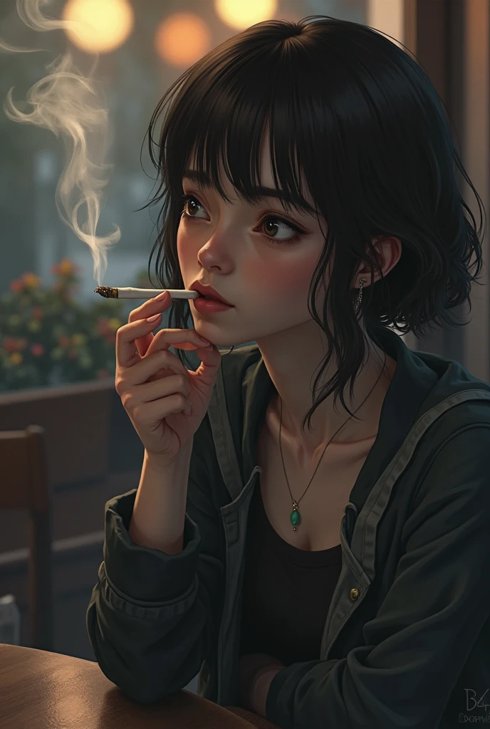 Anime girl holding cigarette,Guvez style artwork,Inspired works by Cheng Yanjun and Loish Art style。