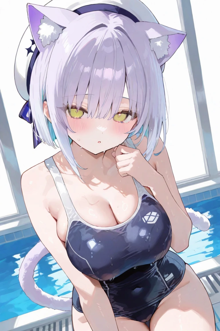 Cat ears and cow print bikini Long twin tail hair Rooftop pool smile Cute Girls