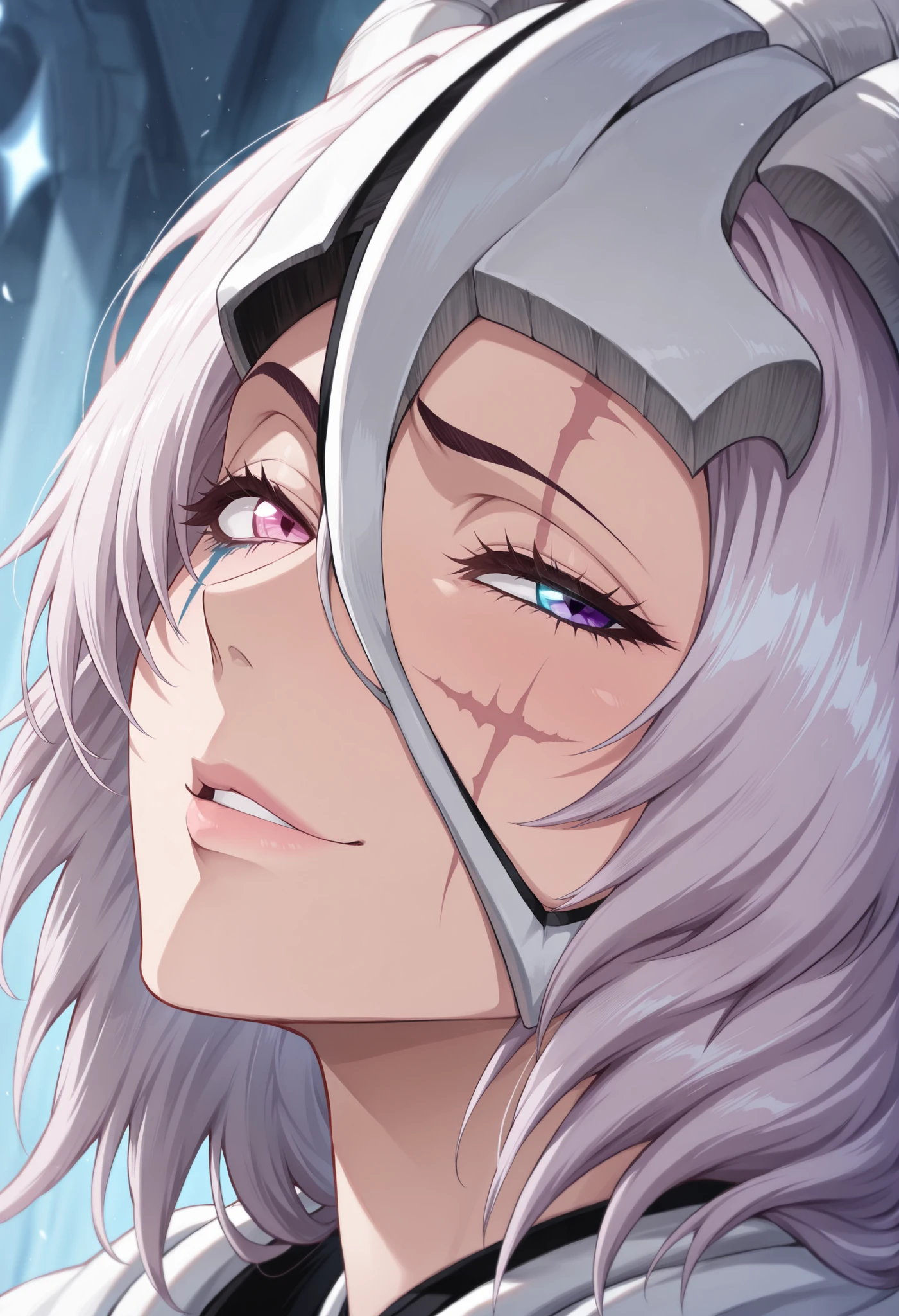 masterpiece,best quality,amazing quality,highres,absurdres,very_awa, upper body, only face, face shot, (((portrait))), close up on face, face portrait, masterpiece, best quality, newest, absurdres, highres, detailed eyes, beautiful, detailed background, beautiful woman, mature,(masterpiece, best quality:1.2), amazing quality, very aesthetic, 32k, absurdres, newest, (masterpiece, best quality:1.2), amazing quality, very aesthetic, 32k, absurdres, newest, (((arrancar))), (((bleach))), 1girl, solo, naughty face, mature female, half-closed eyes, skull_on_head, medium hair, huge horns, white horns, mature female, dutch angle, (morning:0.8), blurry background, glowing light particles, depth of field, raised eyebrown, raised eyebrow, looking for side, tilting up head, embarassed face, silver hair, (((heterochromia))), (((right pink eye))), (((left purple eye))), biting own lips, scar mark on left eye, winking one eye, silver gradient pink hair