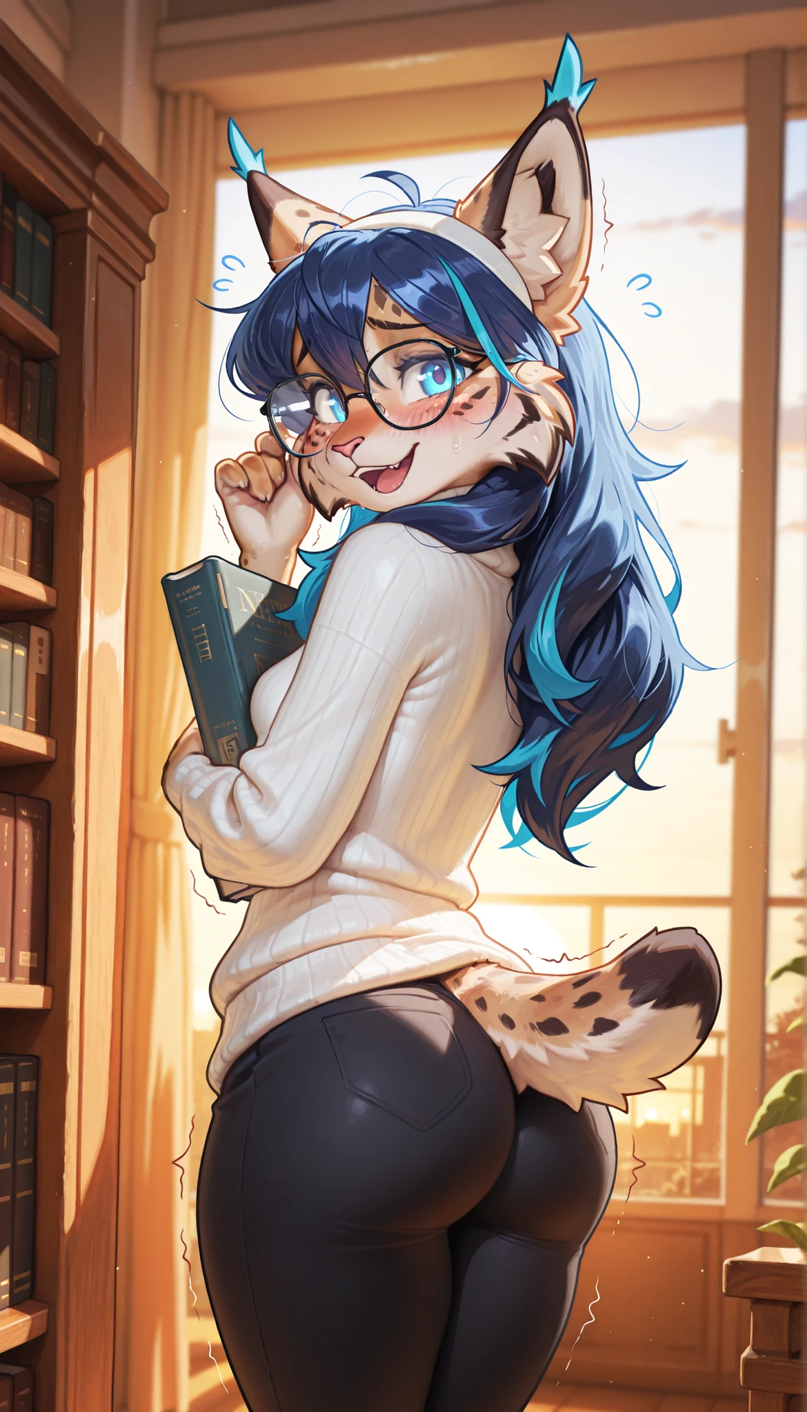 masterpiece, best quality, amazing quality, very aesthetic, high resolution, ultra-detailed, absurdres, newest, scenery, 1girl, lynx, furry female, blue eyes, blue hair (cyan highlights), messy hair, long hair, (19-year-old girl), open mouth, looking at the viewer, nervous smile, tail, small breasts, thighs, hips, female focus, contrast lighting, side lighting, masterpiece, best quality, newest, absurdres, highres, amazing quality, very aesthetic, library setting, cute eyes, no lineart, cinematic, dynamic angle, solo, sunset, ambient lighting, shy expression, nerd, square glasses, white hairband, white turtle neck sweater, black pants, blush, nervous, shy, trembling, hugging books, from behind, looking back, hand on glasses