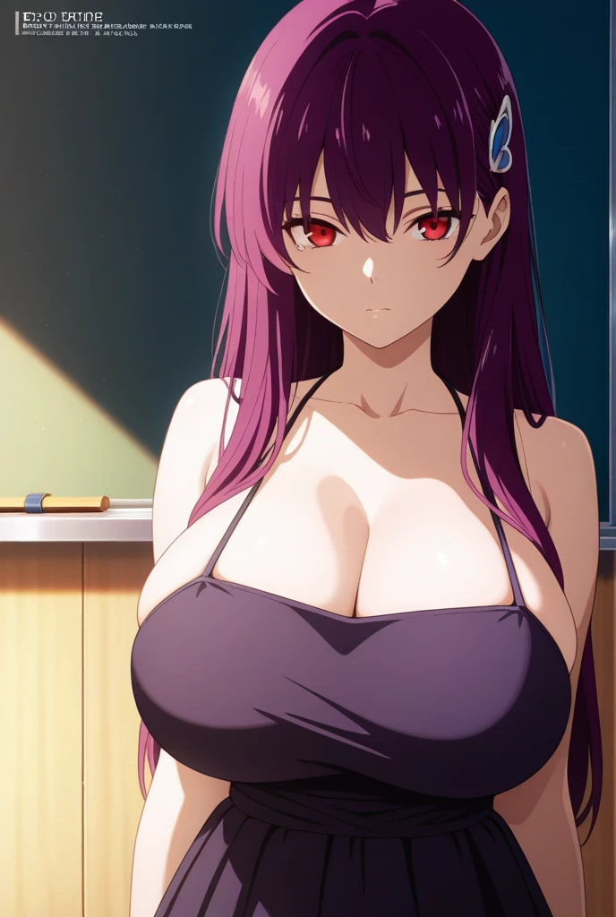 a woman in a blue dress with red eyes standing in front of a window, menina anime sedutora, anime moe artstyle, menina anime atraente, anime melhor garota, sorriso sensual, biomechanical oppai, Ilya Kuvshinov com cabelo longo, hinata hyuga, mulher bonita sedutora do anime, Anime Waifu, pintado em anime painter studio