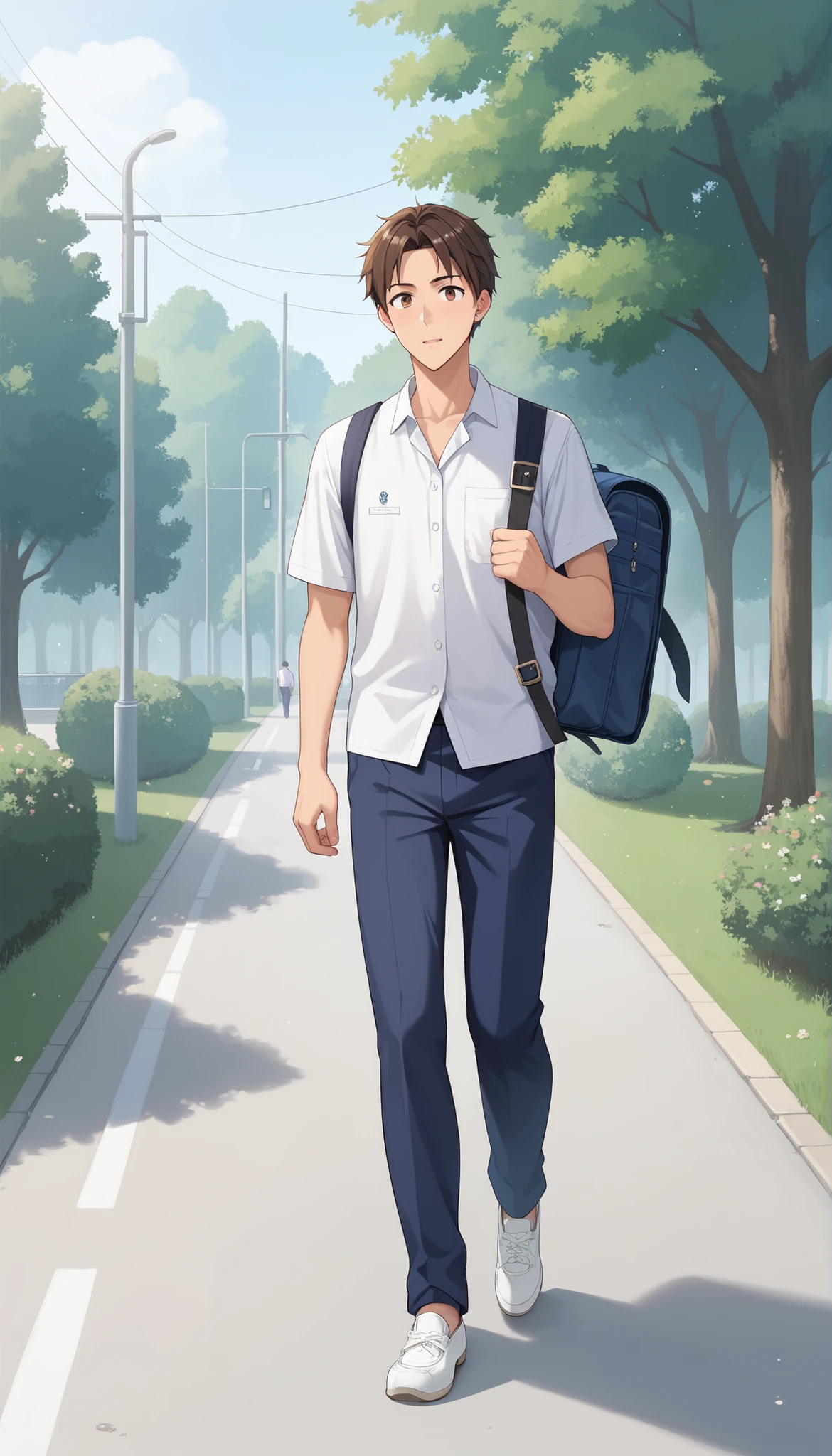  score_9, score_8_up, score_7_up, source anime, "A schoolboy walking home alone through a quiet residential neighborhood. He wears a full school uniform and carries a backpack. The afternoon sun casts long shadows along the sidewalk, creating a peaceful and warm atmosphere. Trees gently sway in the breeze, and the houses lining the street feel calm and familiar.", brown hair, white school uniform, school pants, masterpiece, anatomically correct, super detail, high details, high quality, best quality, highres, 8k 