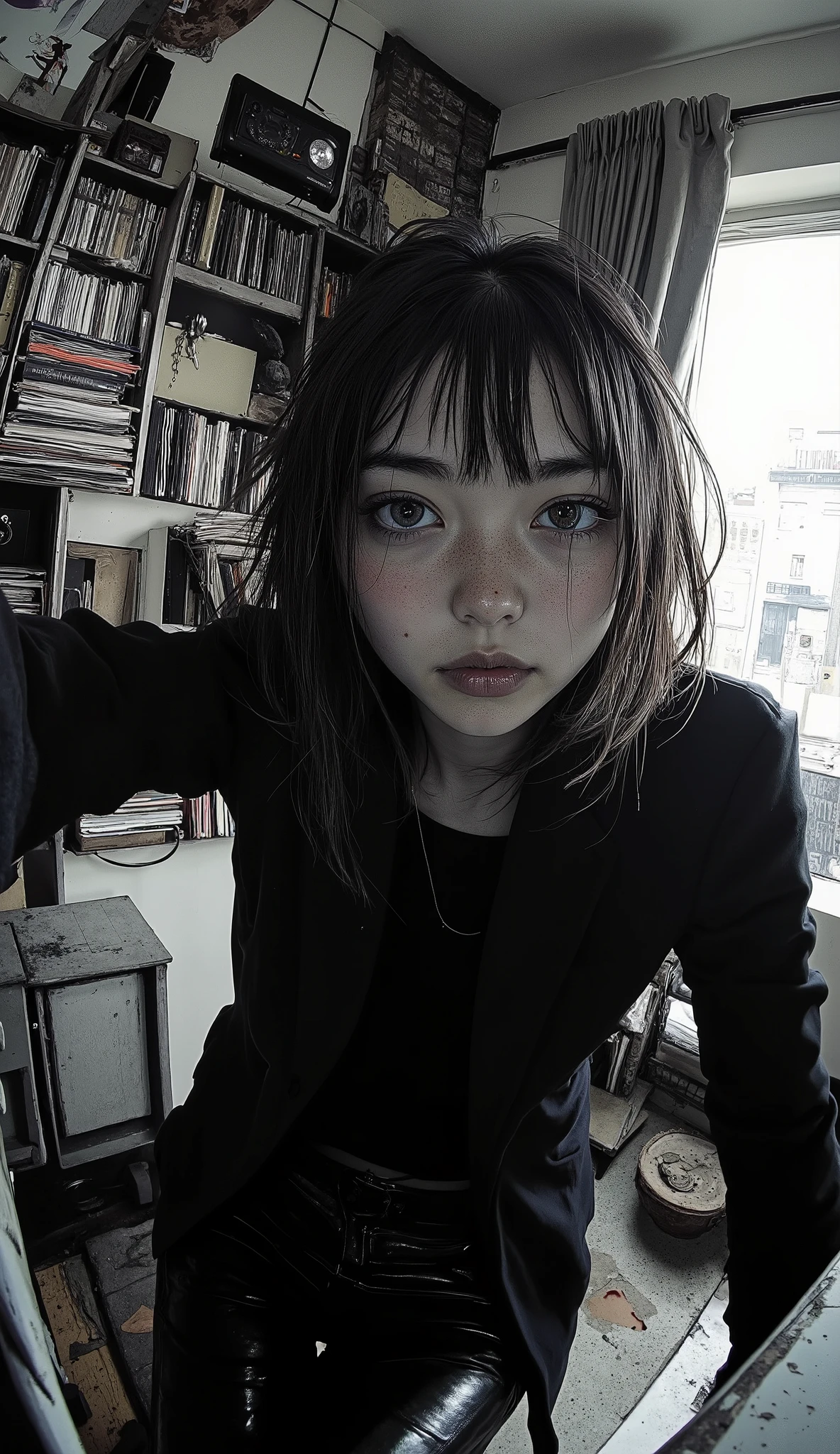 shot with a fisheye lens、selfie、 super face looking up at viewers、I have a small figure with shoulder-length hair, messy room. wearing a dark blazer and shiny pants,  Hands on their lap . The room has an old turntable stereo where you can get a comprehensive view of the subject and its surroundings, Mr.々books and records are arranged on shelves. The overall atmosphere is accurate and creative, 。with strong contrast and shadows、wearing a dark blazer and shiny pants {X} capturing a vintage feel with black and white photos,  artistic atmosphere . The picture is taken from a slightly higher angle, putting their hands in their pants pockets、standing、I can get a comprehensive view of the subject and its surroundings.