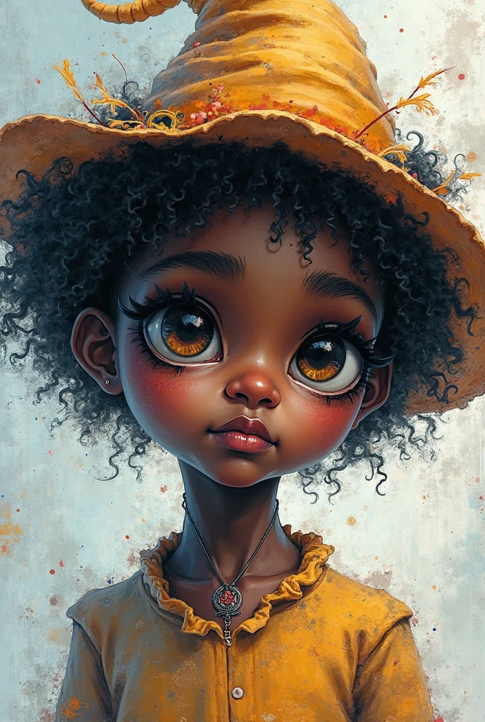 dark brown skin girl,16 years old, huge gorgeous afro hair and big eyes, wearing a yellow dress and a yellow witch hat, soft expression. semi realistic. flat figure