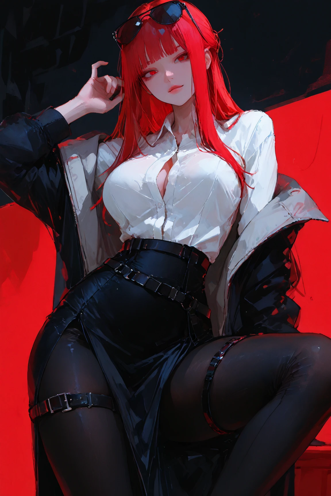 Woman in black open-chested suit, zombie, female ghost, red eyes, tongue sticking out, ancient style, short red hair, yellow charm, best quality, masterpiece, (realism: 1.2), red thong, no pants, big breasts, white and tender skin, lying on the bed, open legs