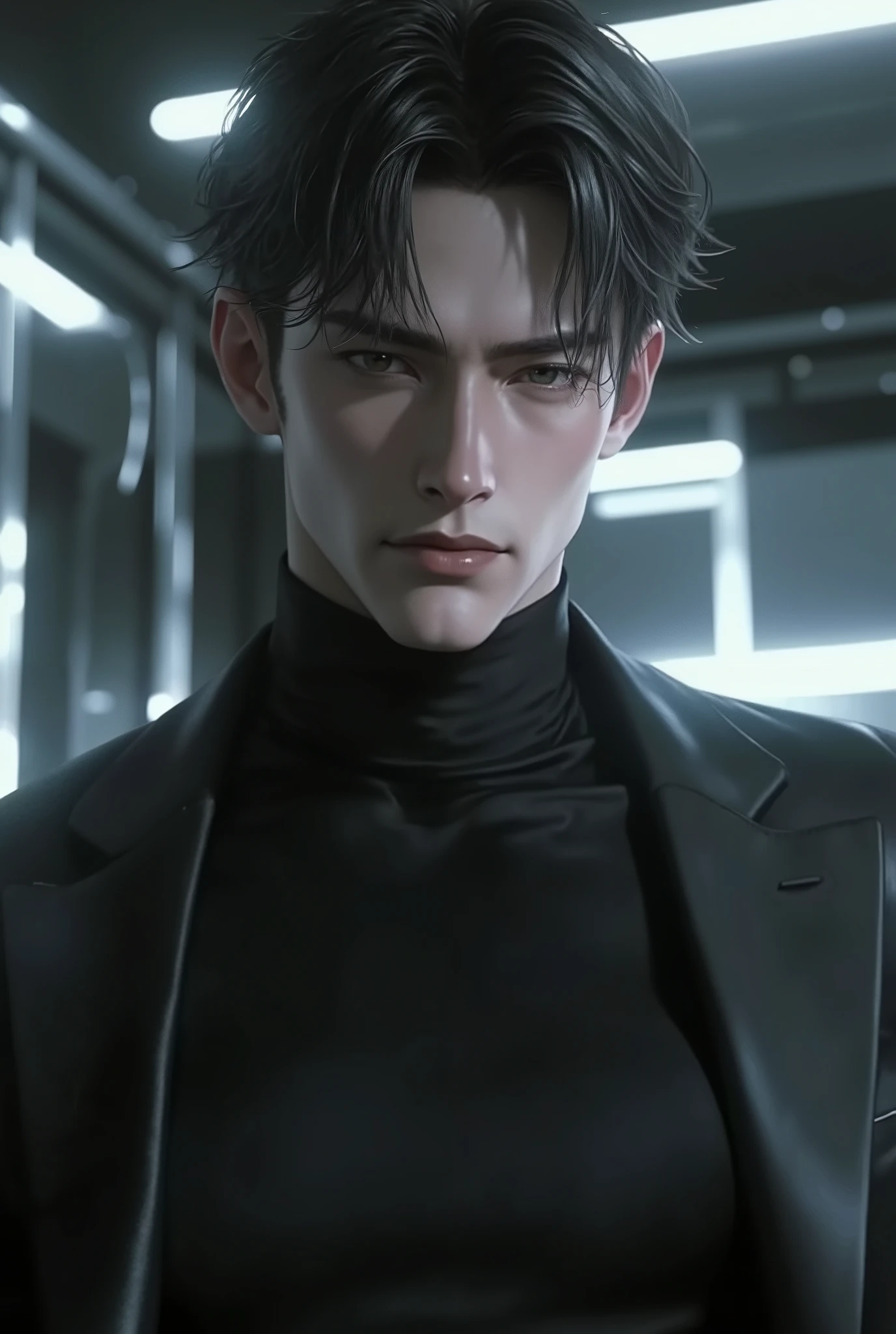 A full-body, ultra-realistic, hyper-detailed European male android, looking at the viewer. Futuristic elegance, a synthetic yet lifelike figure with an athletic, lean build. His flawless, fair synthetic skin mimics human texture with near-invisible seams at the joints, subtly catching light. His dark, slightly tousled hair frames a face of striking symmetry—sharp jawline, high cheekbones, piercing blue eyes engineered to replicate deep human emotion. His intense yet gentle gaze, well-defined lips, and intricate details suggest complexity beyond programming. Dressed in a sleek, form-fitting black turtleneck and tailored dark trousers, the futuristic matte fabric mimics high-end human clothing, flowing naturally with his movements. The ambient-lit, futuristic living space enhances his presence, a fusion of glass panels, metallic accents, and high-tech minimalism. Cinematic lighting casts gentle shadows, emphasizing his contours. The atmosphere is ethereal—captivating, almost unsettling in its perfect imitation of humanity. ((best quality, masterpiece, ultra-detailed, high resolution, deep lines, heavy strokes, cinematic, volumetric lighting, hyper-realistic, atmospheric, intricate composition, futuristic, neo-noir, cyberpunk aesthetics)). His refined, commanding presence exudes both elegance and a hauntingly human-like charm.