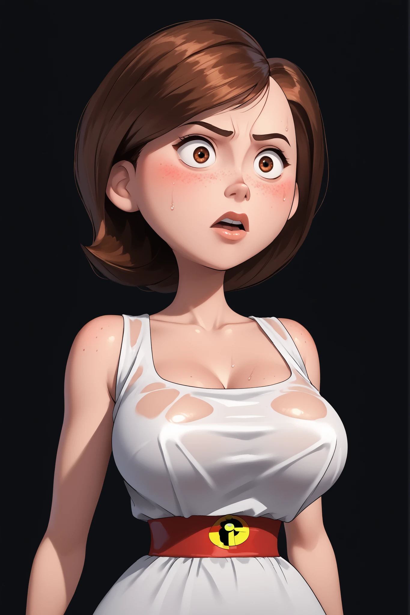 (masterpiece, highres, high resolution:1.2), helen parr, the incredibles, anime 20 yo girl, portrait, shoulders up, illustration. drawn, brunette hair, asian girl, detailed eyes, blushing, solo, surprised, freckles, big lips, huge breasts, perfect body, sexy, revealing clothes, no hands., wet skin, wet clothes, looking down, angry expression,