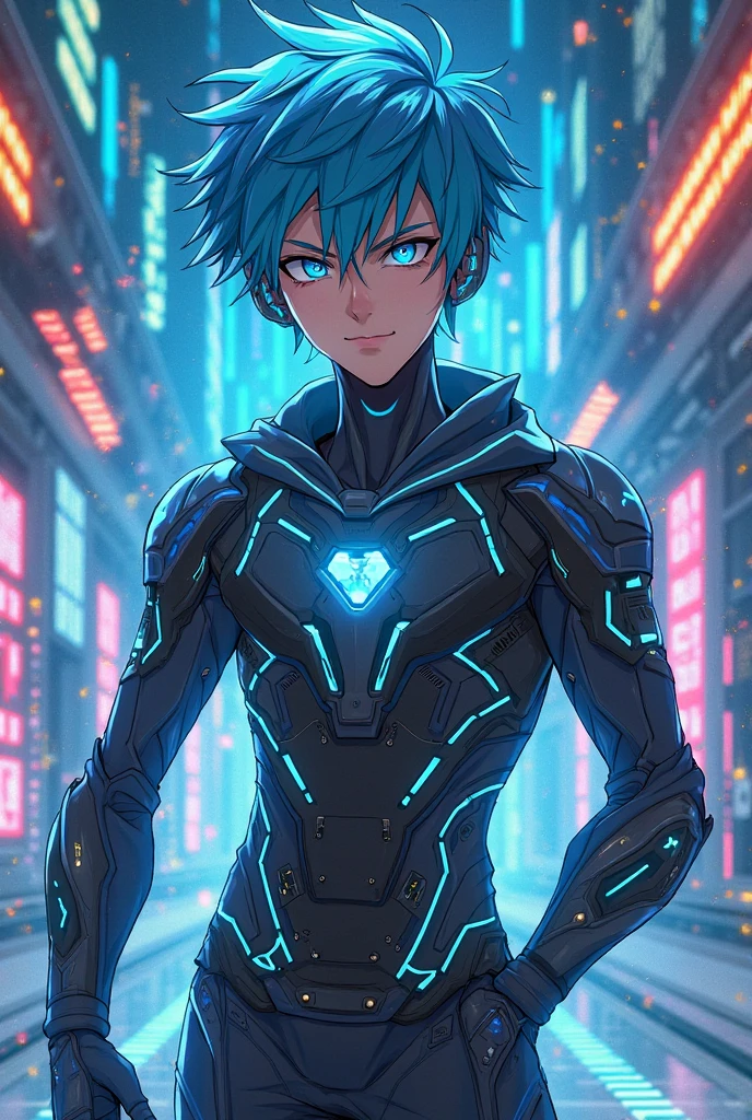 Electric blue skin, amber eyes, confident young man, assertive smile, midday, 10k resolution, futuristic cityscape, neon lights, short hair, high-tech vest with glowing circuitry patterns and sleek design, energetic look, sapphire pendant, athletic build, no blemishes, holding a holographic device, upper body only,