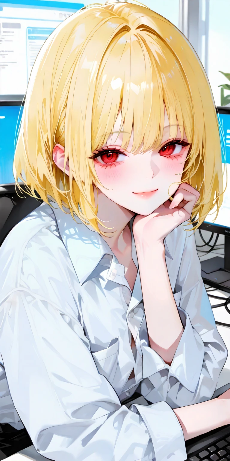 ((((Doing creative work on the computer)))),((highest quality, Tabletop :1.3)),((( Large Mouth Bus))),High resolution,Super detailedな,Beauty and aesthetics,masterpiece,highest quality,(1 Female Elderly 22),Blonde, Long eyelashes, Cat Eyes, Red Eye, Expressionless, Cast a Shadow, Atmospheric perspective,Super detailed, Accurate, Small breasts,(Red T-shirt :1.1),highest quality, Absurd:1.2, Blurred Background, Bokeh Depth of Field:1.2, picture, (masterpiece:1.3), (Intricate details:1.2), Atmospheric perspective,Super detailed, Accurate,Dynamic configuration