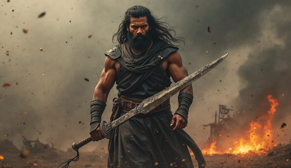 A Indian man with axe and hammer in his hand walking in a coal mine area, big hair, good physique, (not so big physique) looking like a villain, 