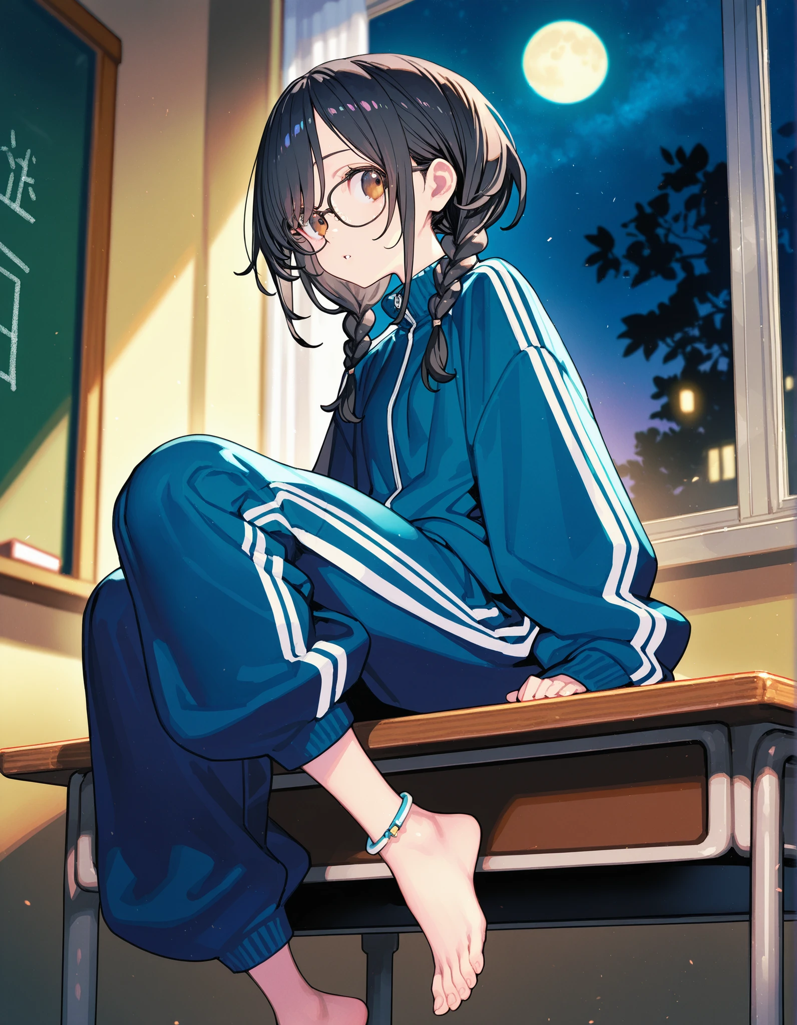 masterpiece, best quality, (hungry clicker:0.4),(enkyo yuuichirou:0.9),(lemon89h:0.4), 1girl,solo,black hair,baggy blue and white track suit,glasses,black hair,low twin braids,bangs,sidelocks, desk,sitting on desk,barefoot,anklet,chalkboard,window,night,moon,brown eyes,baggy clothes, baggy pants, feet,innocent,blurry eye,socks, sideways glance, looking at viewer,