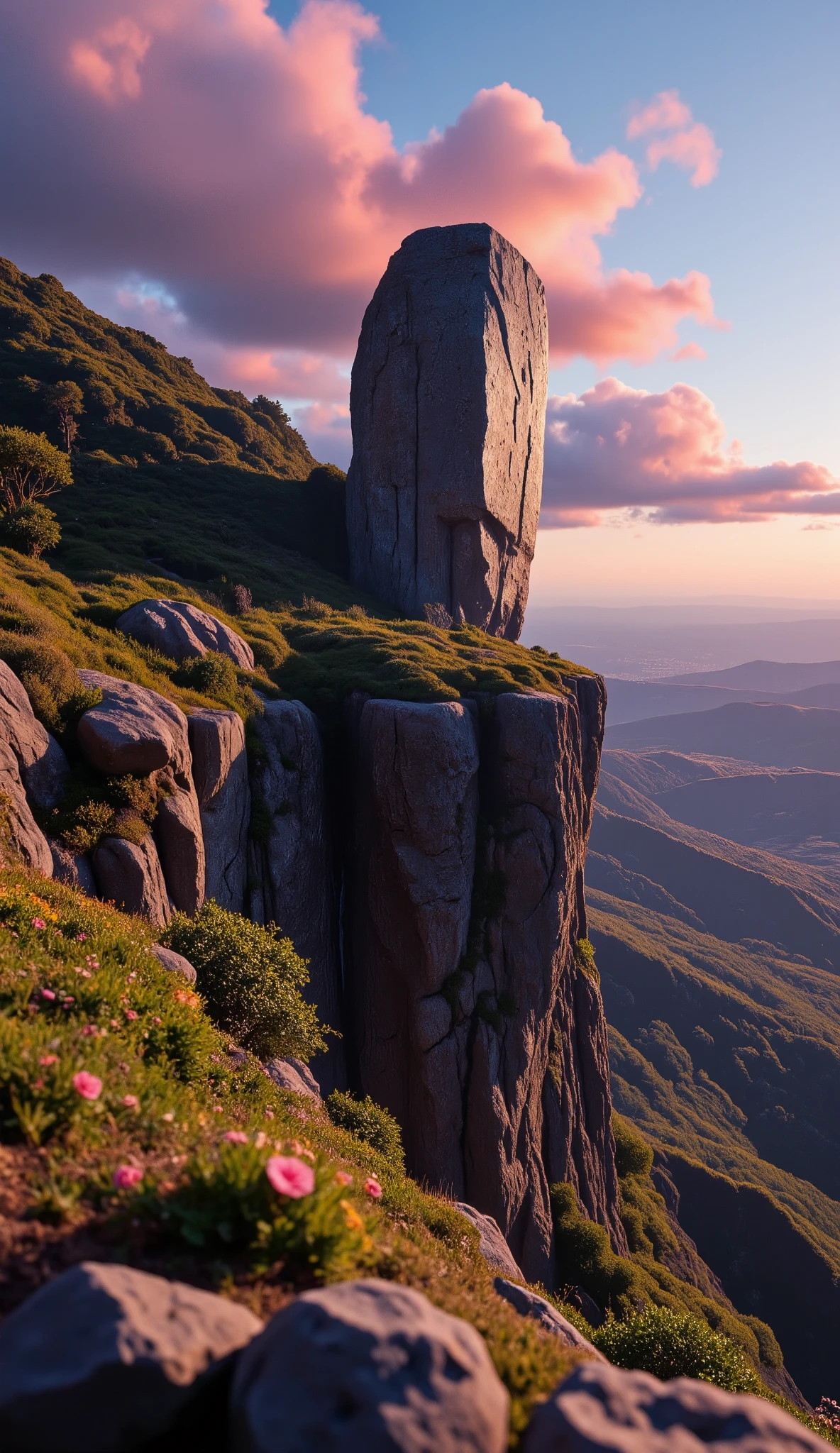 in high-definition images、What I'm imagining、A Masterpiece of Chilean Plateau Scenery、vivid colors、An Intense Style of Spectacular Dramatic Expression、Flowers at the Forest Limit、One Large Megalithic Object(モノリス)、A gentle flower、PREMIUM QUALITY ENVIRONMENT、Shandana Scenery。